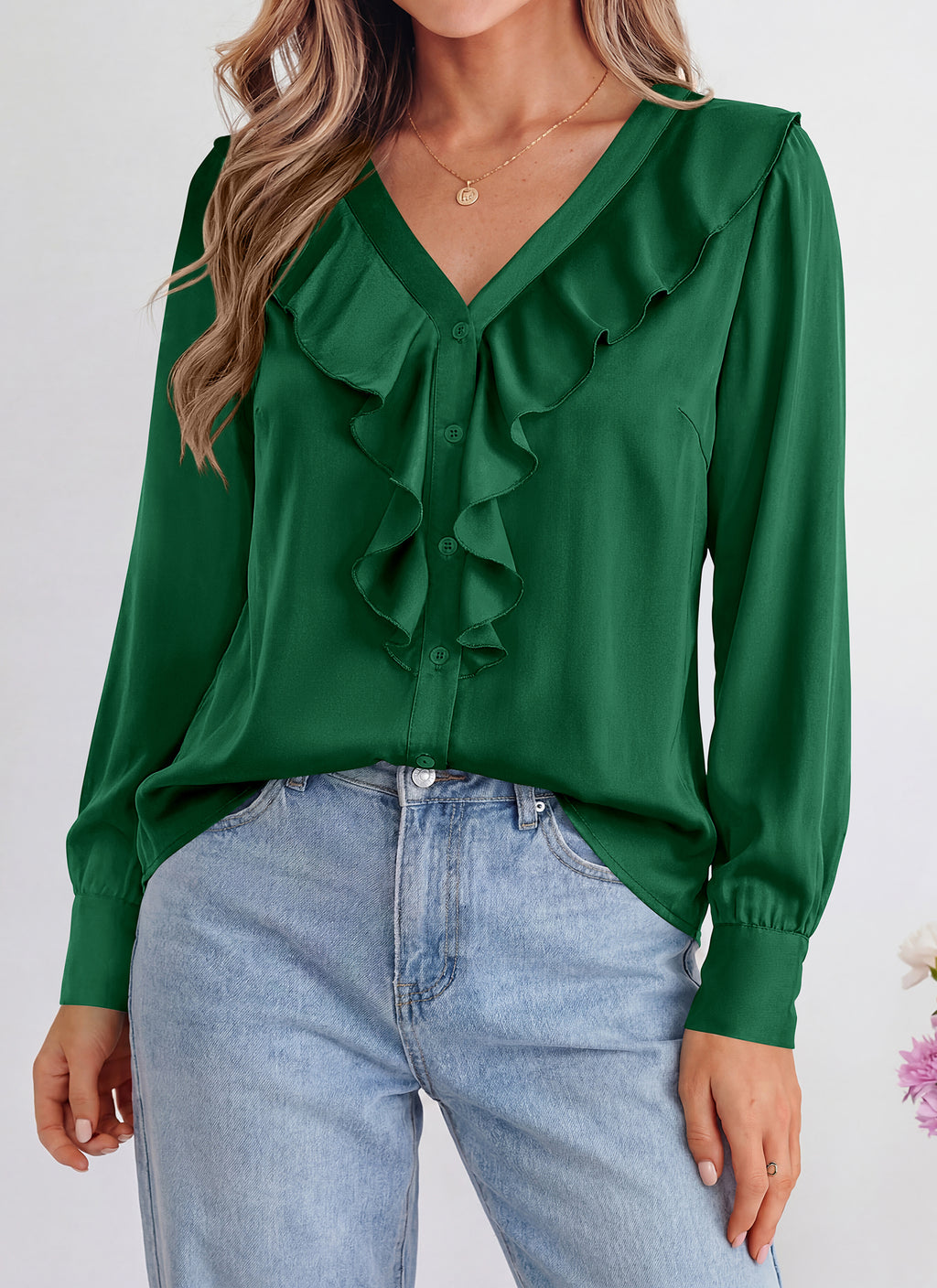 dowerme Womens Long Sleeve Tops Satin Ruffle Button Shirts