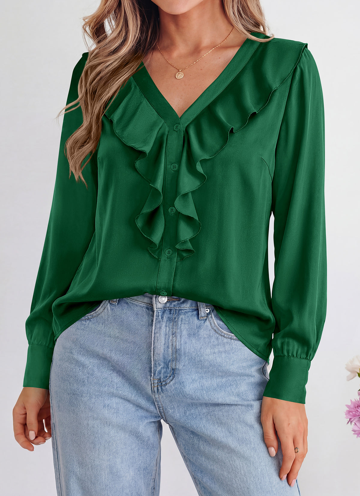dowerme Womens Long Sleeve Tops Satin Ruffle Button Shirts