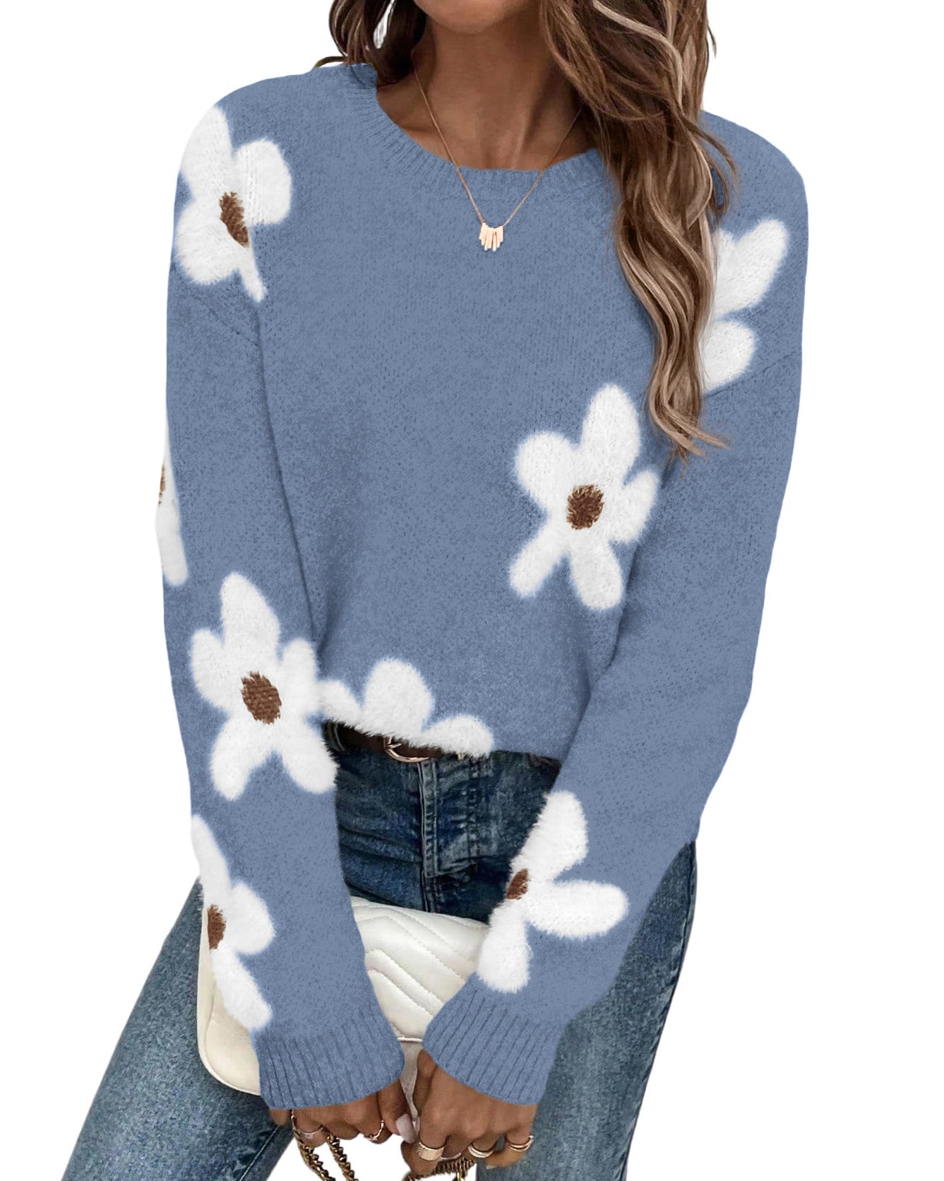 dowerme Womens Fall Sweaters 2026 Cute Long Sleeve Crewneck Pullover Tops Loose Floral Graphic Chunky Winter Sweater