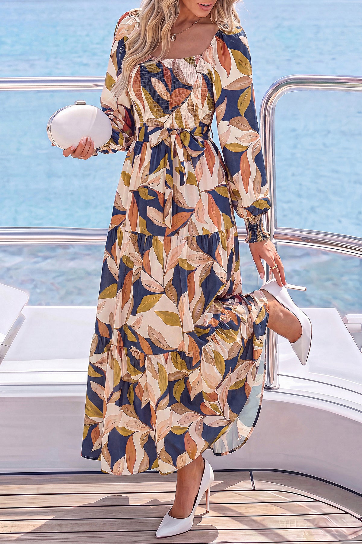 dowerme Womens Dresses Fall Fashion Puff Long Sleeve Sweetheart Neck Smocked A Line Boho Floral Wedding Guest Maxi Dress
