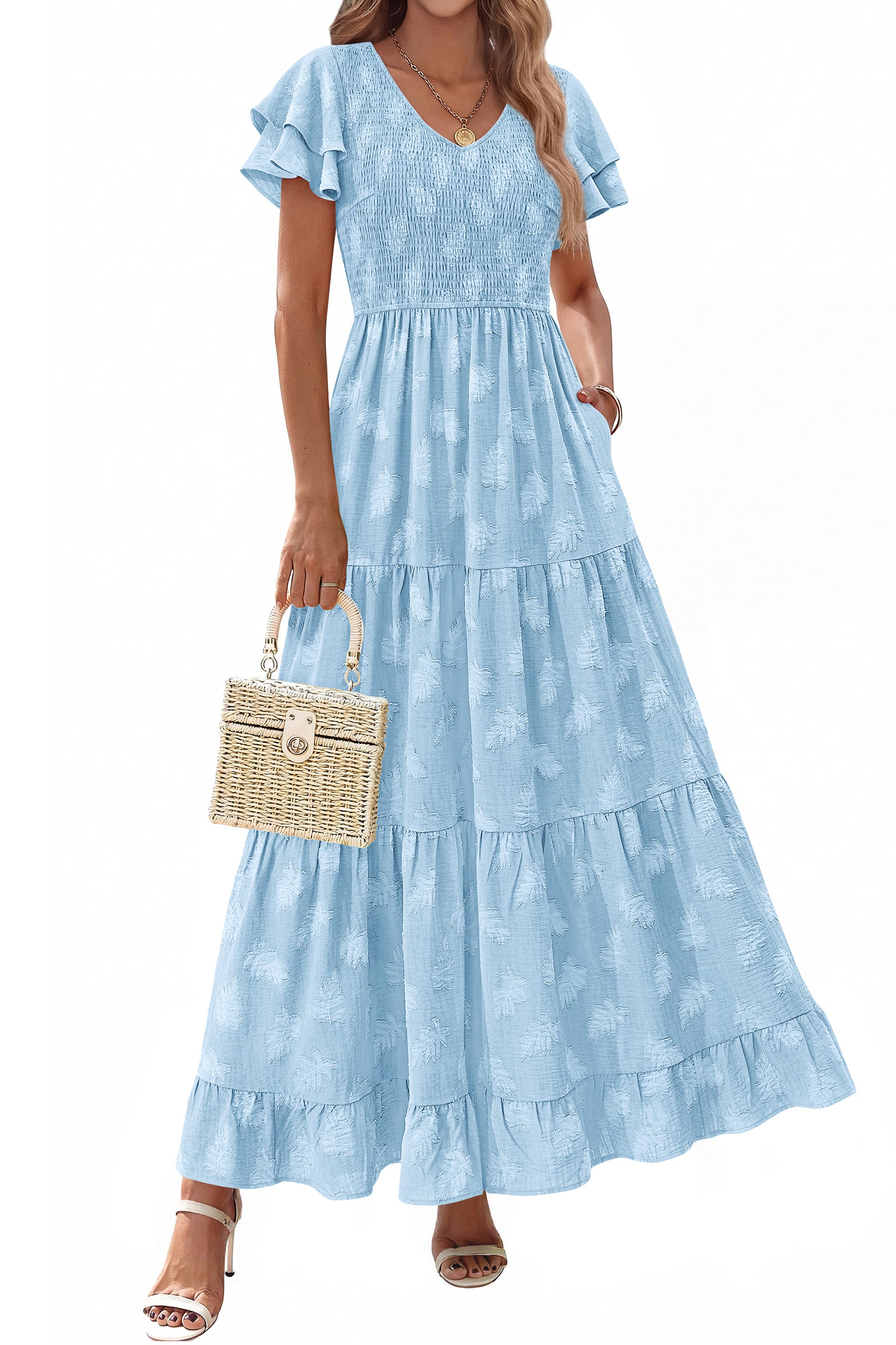 dowerme Maxi Dresses For Women 2026 Summer Ruffle Sleeve V Neck Smocked A Line Floral Boho Tiered Sundress Spring Outfit