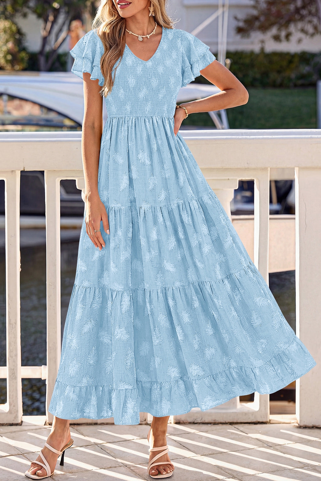 dowerme Maxi Dresses For Women 2026 Summer Ruffle Sleeve V Neck Smocked A Line Floral Boho Tiered Sundress Spring Outfit