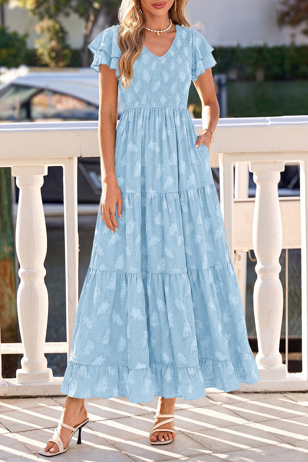 dowerme Maxi Dresses For Women 2026 Summer Ruffle Sleeve V Neck Smocked A Line Floral Boho Tiered Sundress Spring Outfit