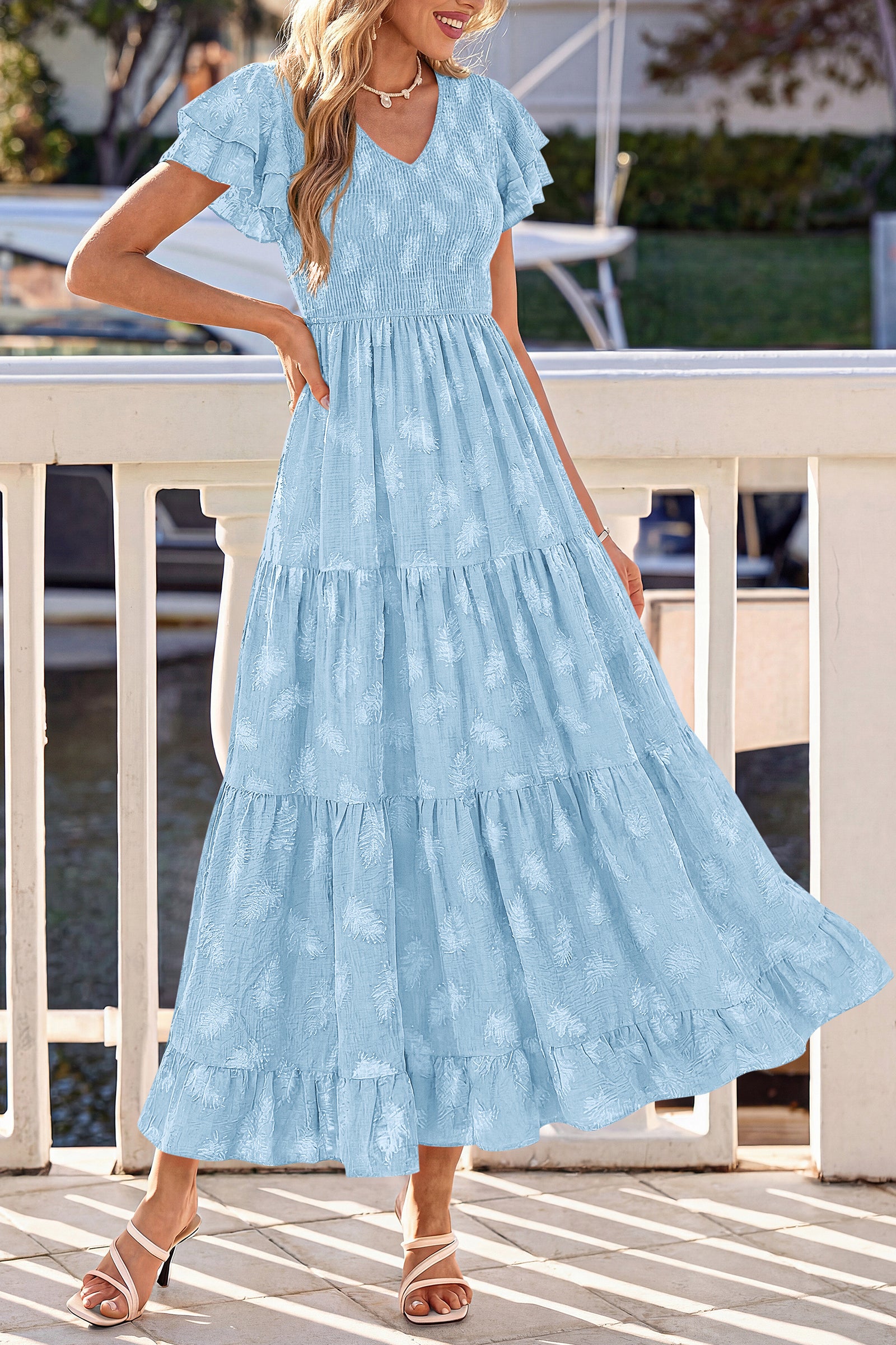 dowerme Maxi Dresses For Women 2026 Summer Ruffle Sleeve V Neck Smocked A Line Floral Boho Tiered Sundress Spring Outfit