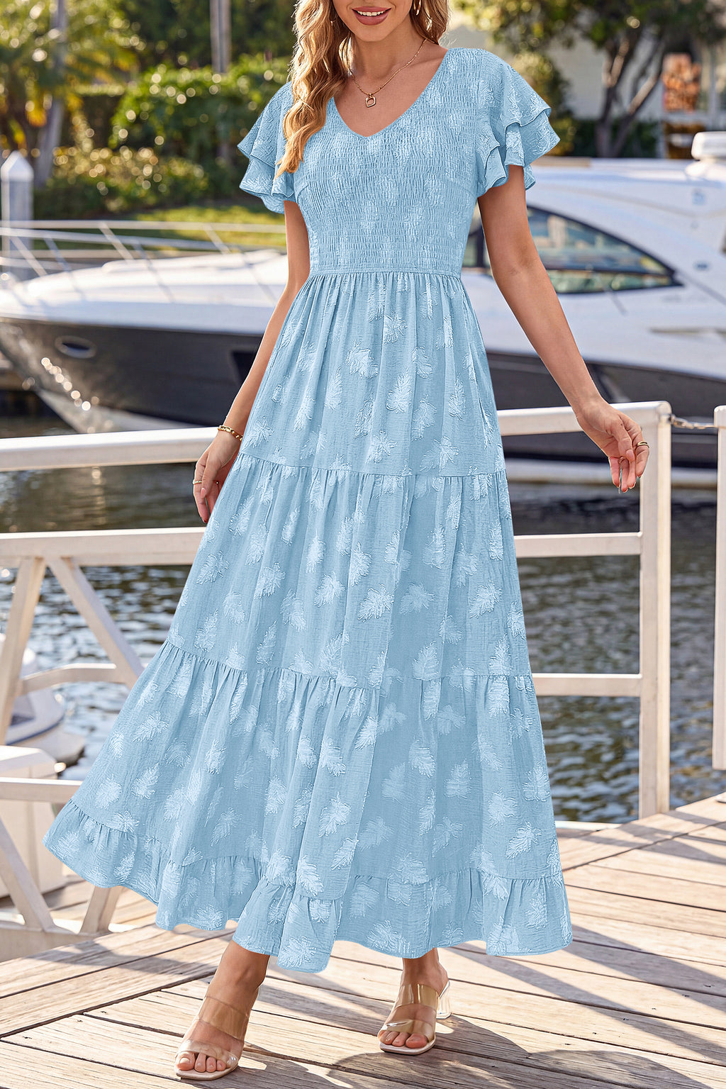 dowerme Maxi Dresses For Women 2026 Summer Ruffle Sleeve V Neck Smocked A Line Floral Boho Tiered Sundress Spring Outfit