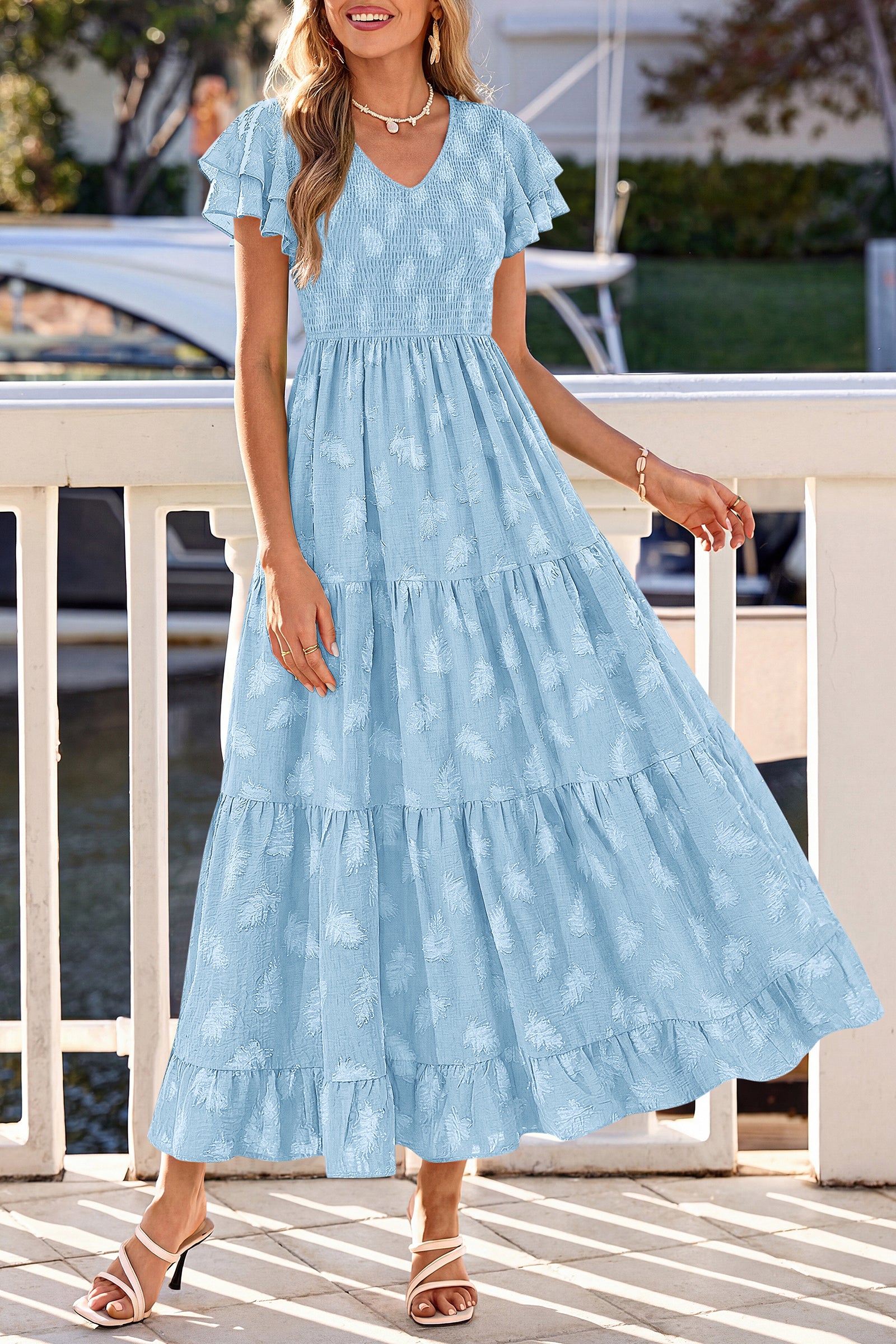 dowerme Maxi Dresses For Women 2026 Summer Ruffle Sleeve V Neck Smocked A Line Floral Boho Tiered Sundress Spring Outfit