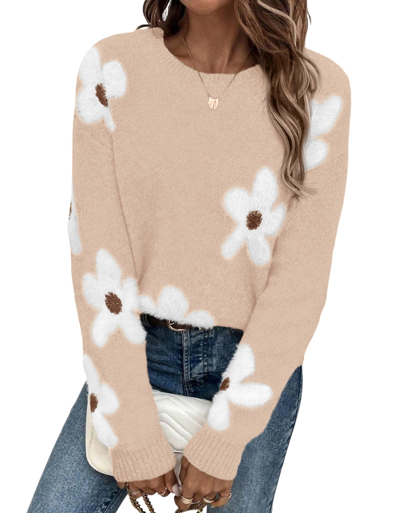 dowerme Womens Fall Sweaters 2026 Cute Long Sleeve Crewneck Pullover Tops Loose Floral Graphic Chunky Winter Sweater