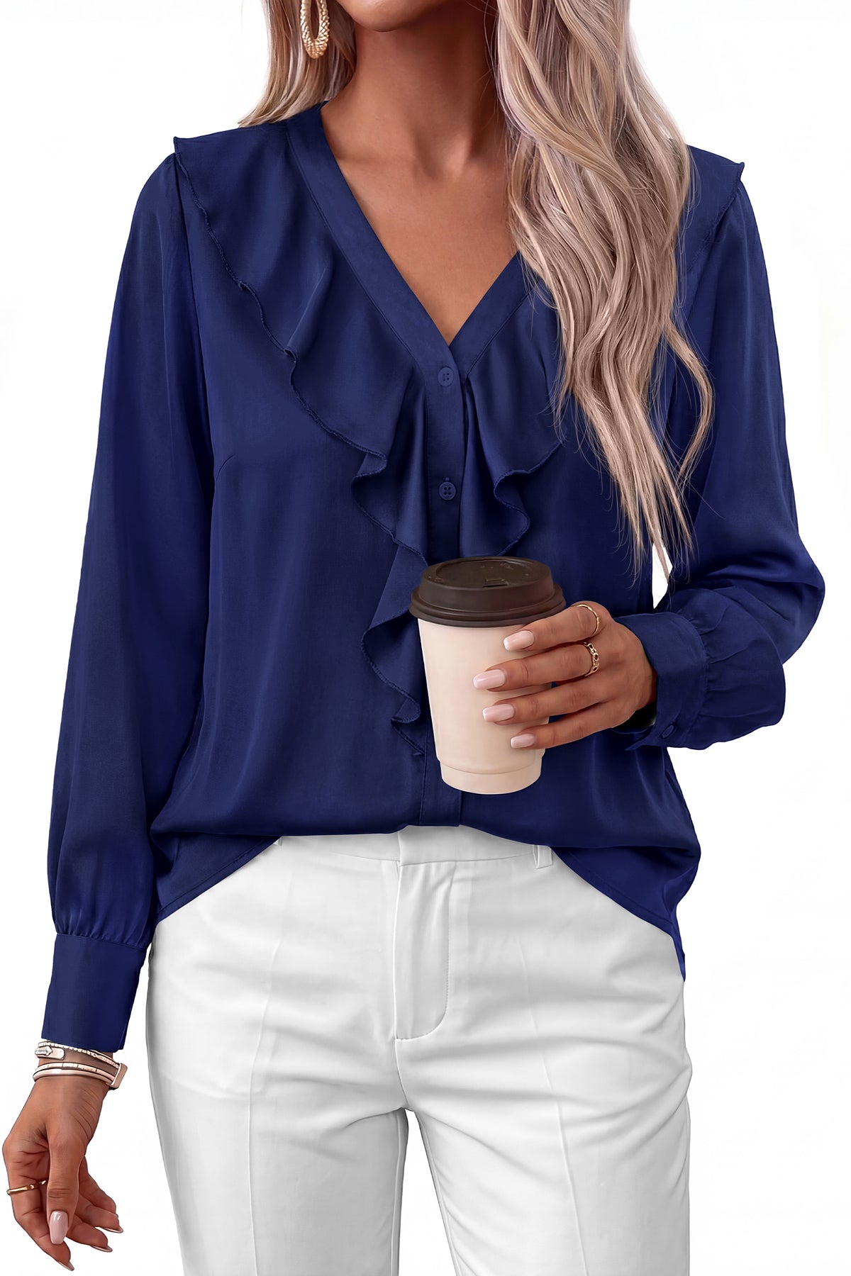 dowerme Womens Long Sleeve Tops Satin Ruffle Button Shirts