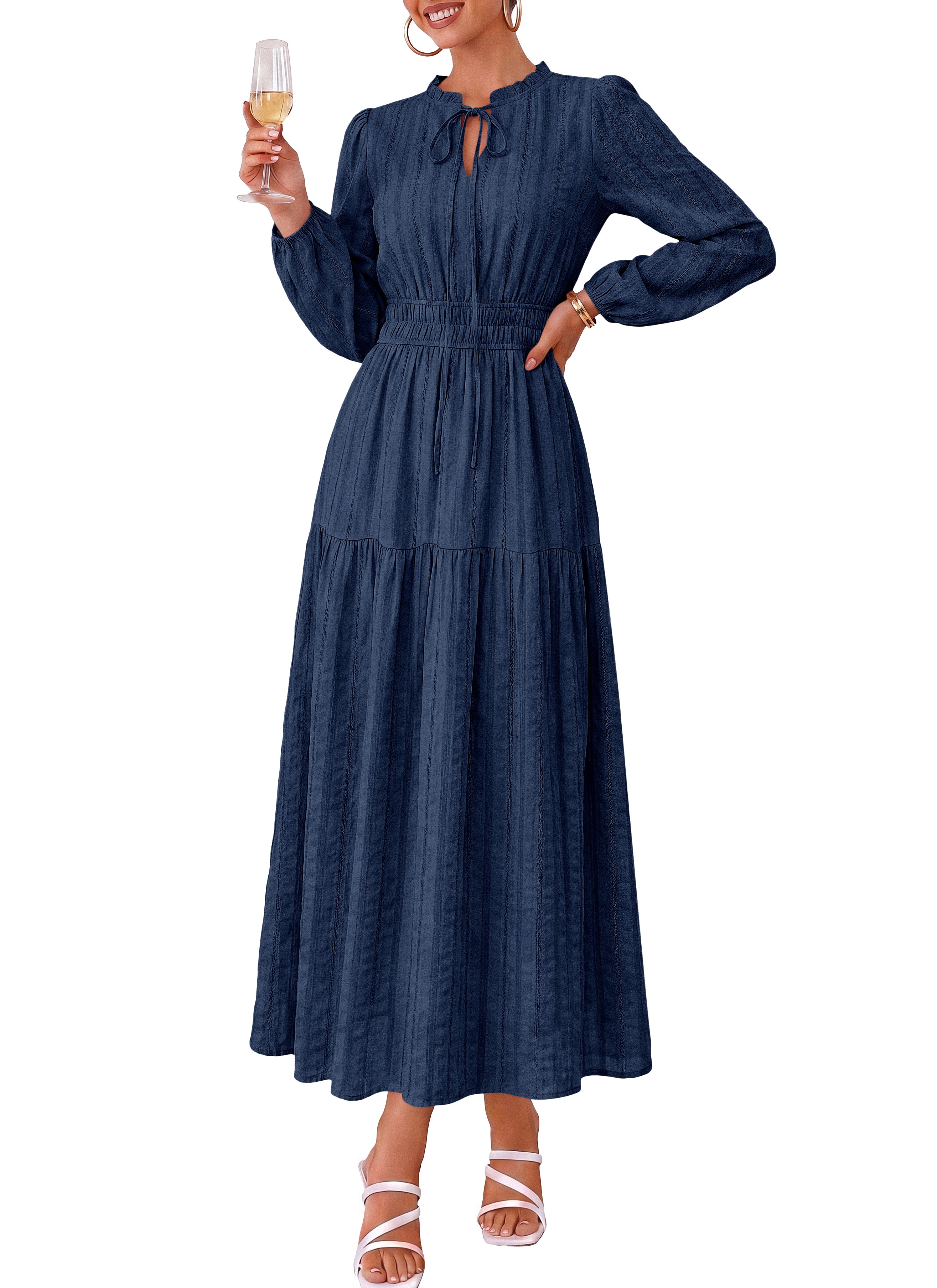 dowerme Women Fall Long Sleeve Dress 2026 Casual Ruffle V Neck Tie Front Elastic Waist Maxi Cotton Wedding Guest Dresses