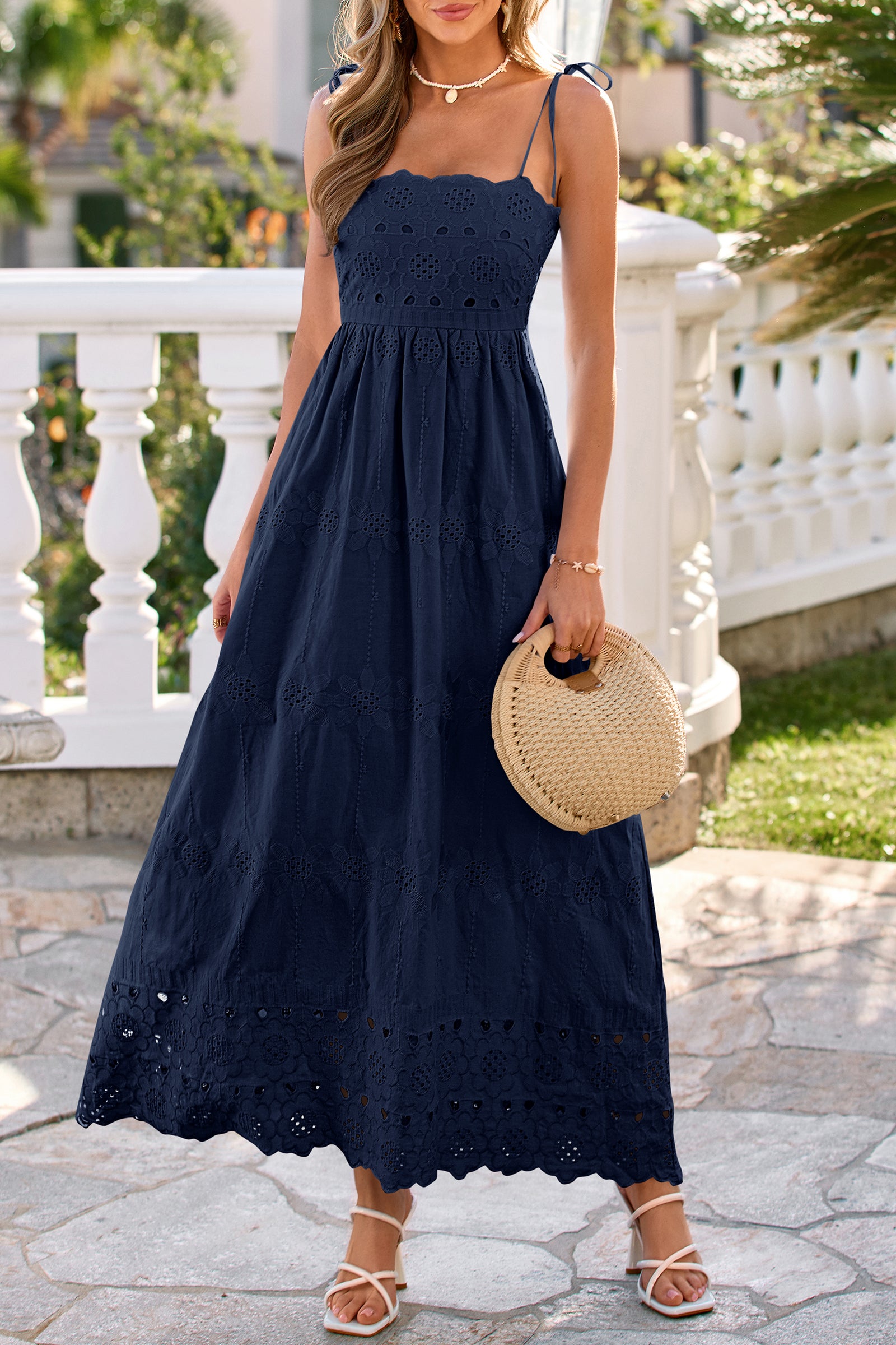 dowerme Womens Summer Maxi Dresses 2026 Casual Spaghetti Strap Smocked Eyelet Cotton Dress Long Beach Vacation Sundress