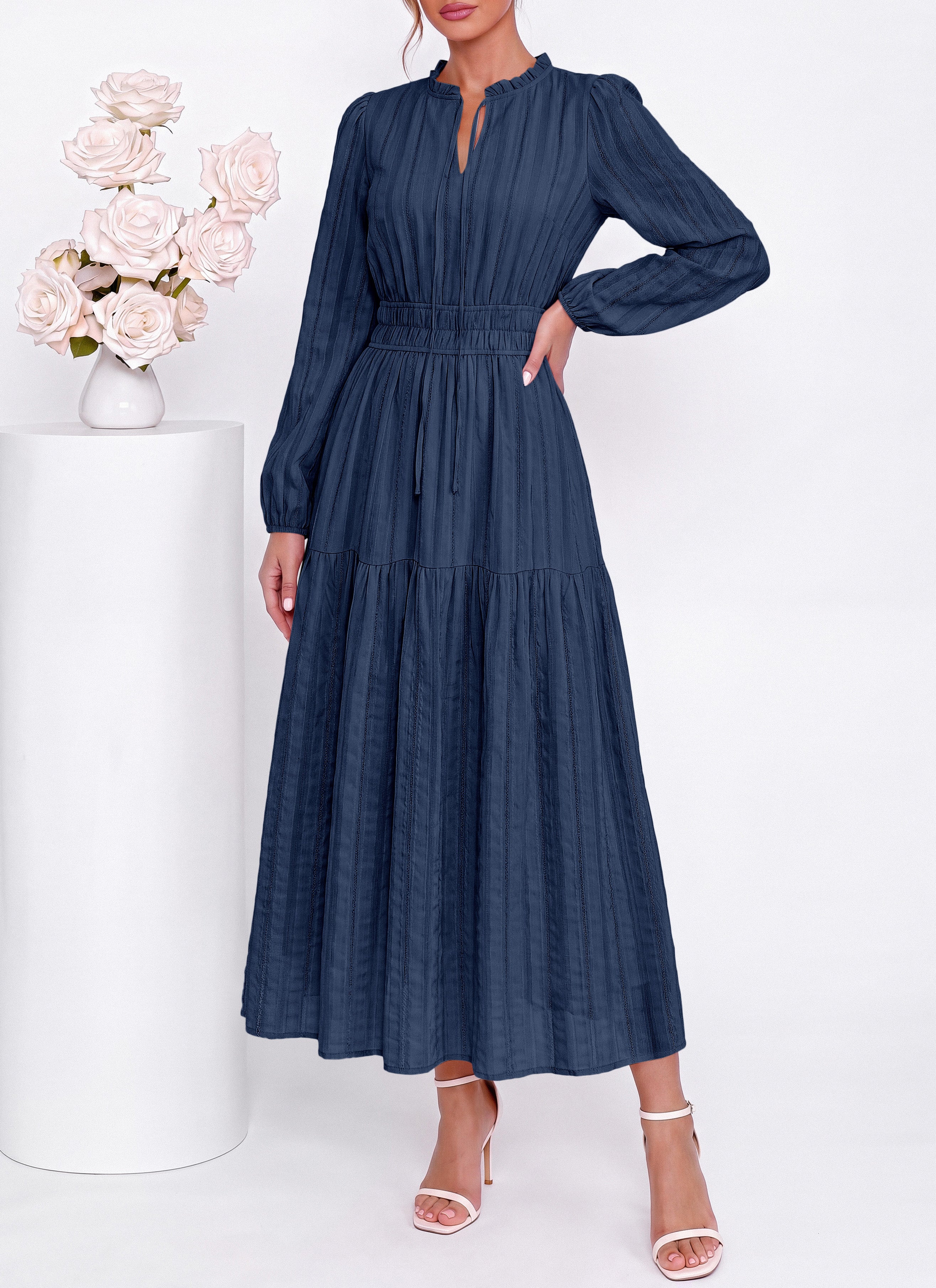 dowerme Women Fall Long Sleeve Dress 2026 Casual Ruffle V Neck Tie Front Elastic Waist Maxi Cotton Wedding Guest Dresses