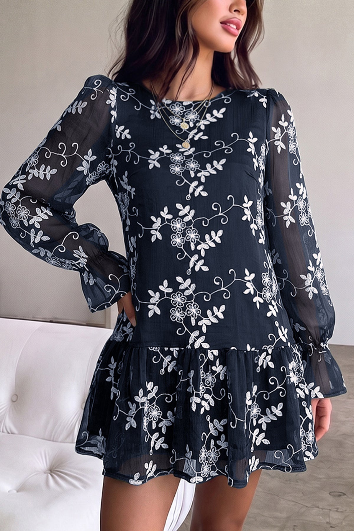 dowerme Women's Casual Embroidered Mini Babydoll Dress