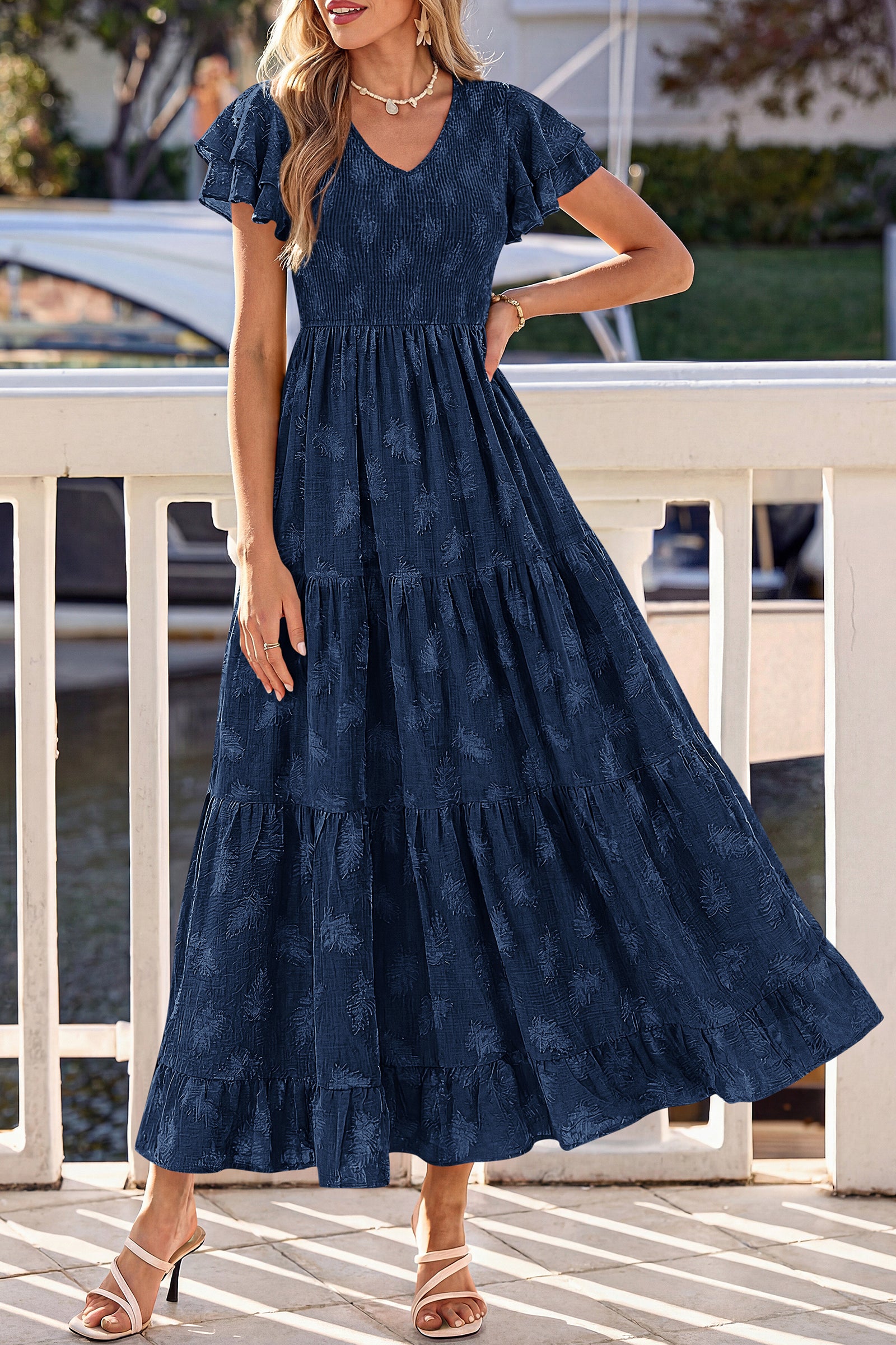 dowerme Maxi Dresses For Women 2026 Summer Ruffle Sleeve V Neck Smocked A Line Floral Boho Tiered Sundress Spring Outfit
