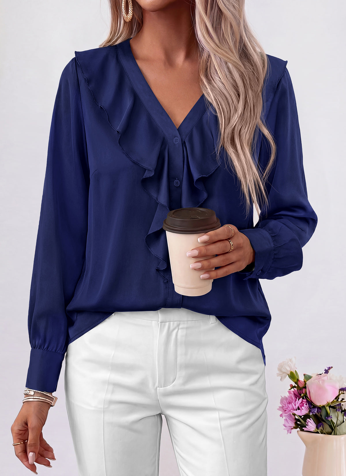 dowerme Womens Long Sleeve Tops Satin Ruffle Button Shirts
