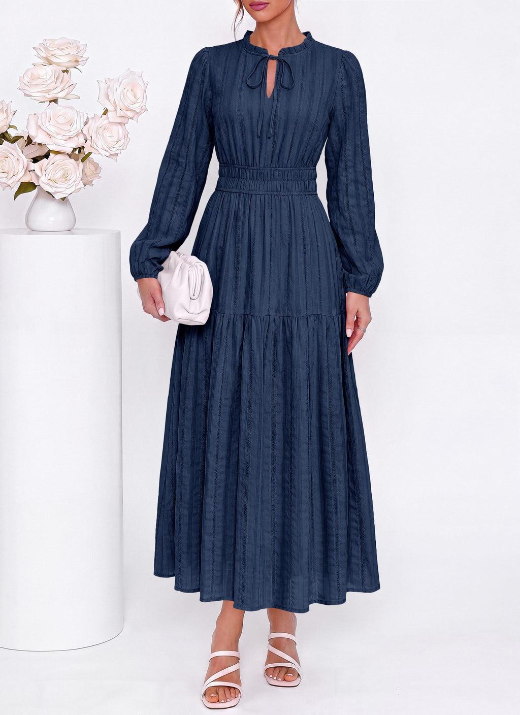 dowerme Women Fall Long Sleeve Dress 2026 Casual Ruffle V Neck Tie Front Elastic Waist Maxi Cotton Wedding Guest Dresses