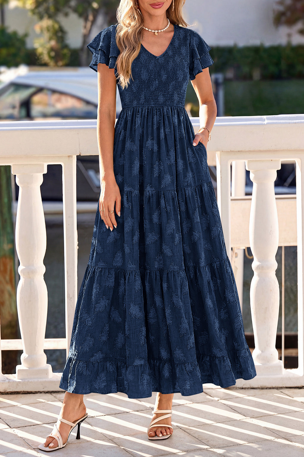 dowerme Maxi Dresses For Women 2026 Summer Ruffle Sleeve V Neck Smocked A Line Floral Boho Tiered Sundress Spring Outfit