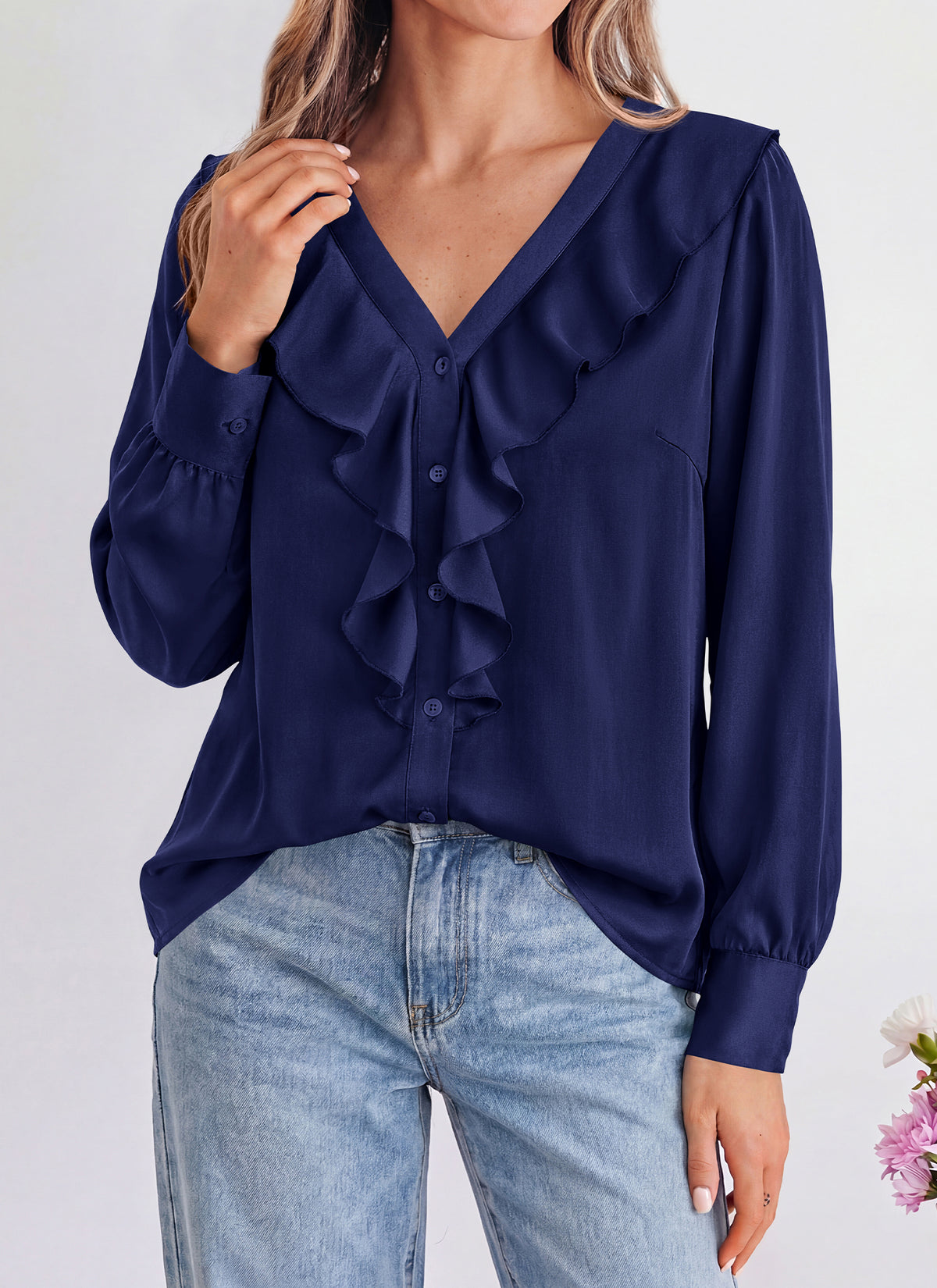 dowerme Womens Long Sleeve Tops Satin Ruffle Button Shirts