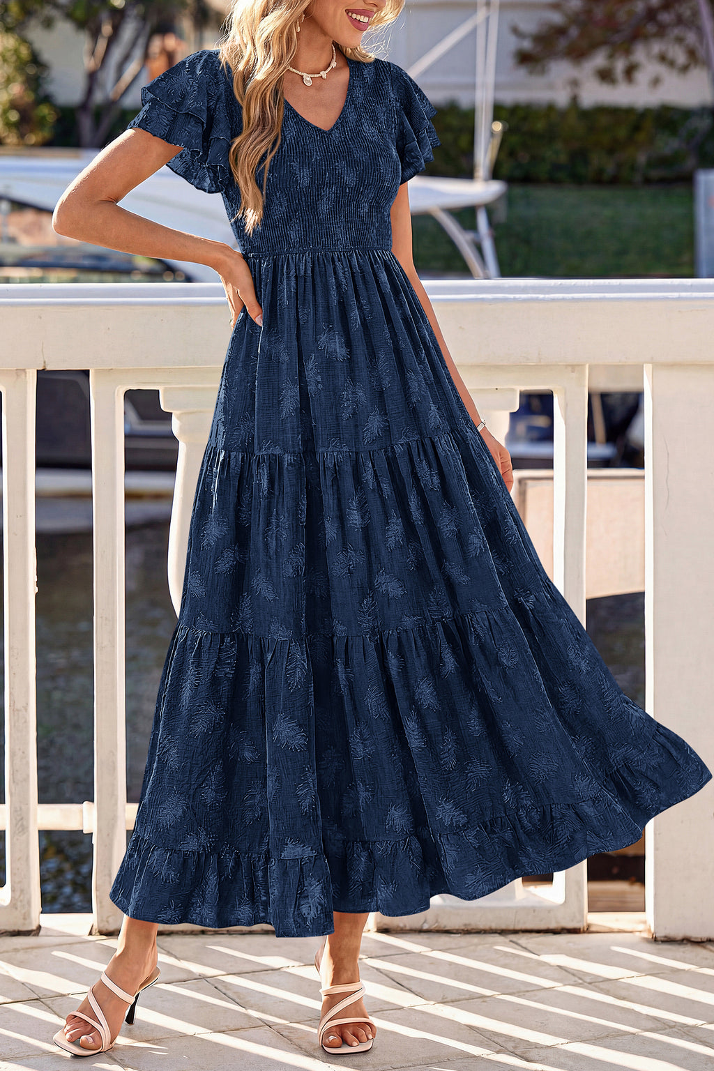 dowerme Maxi Dresses For Women 2026 Summer Ruffle Sleeve V Neck Smocked A Line Floral Boho Tiered Sundress Spring Outfit