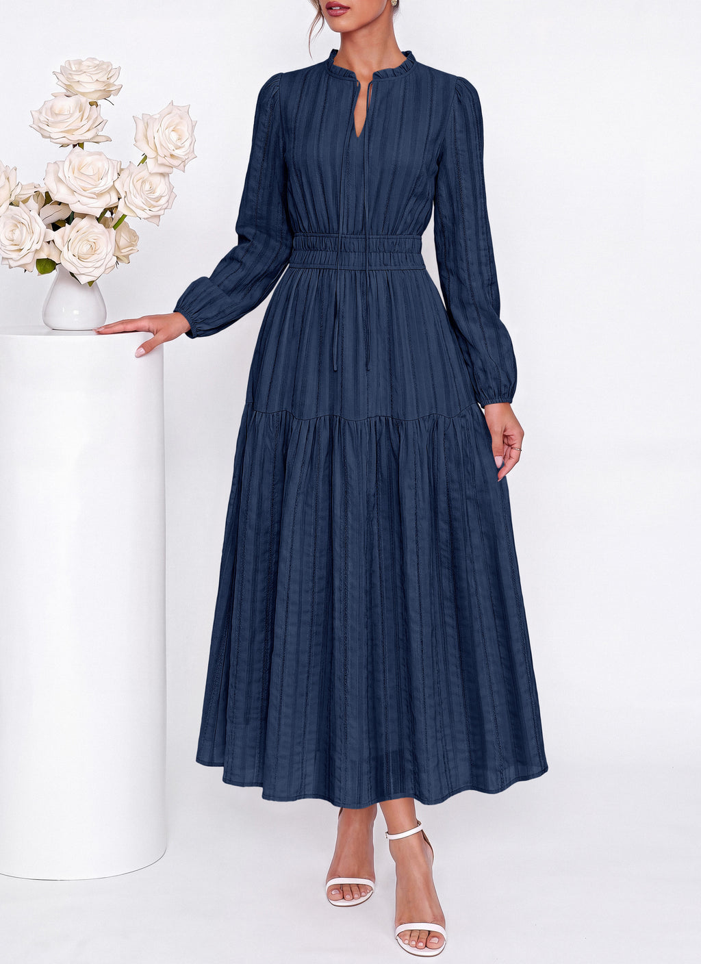 dowerme Women Fall Long Sleeve Dress 2026 Casual Ruffle V Neck Tie Front Elastic Waist Maxi Cotton Wedding Guest Dresses
