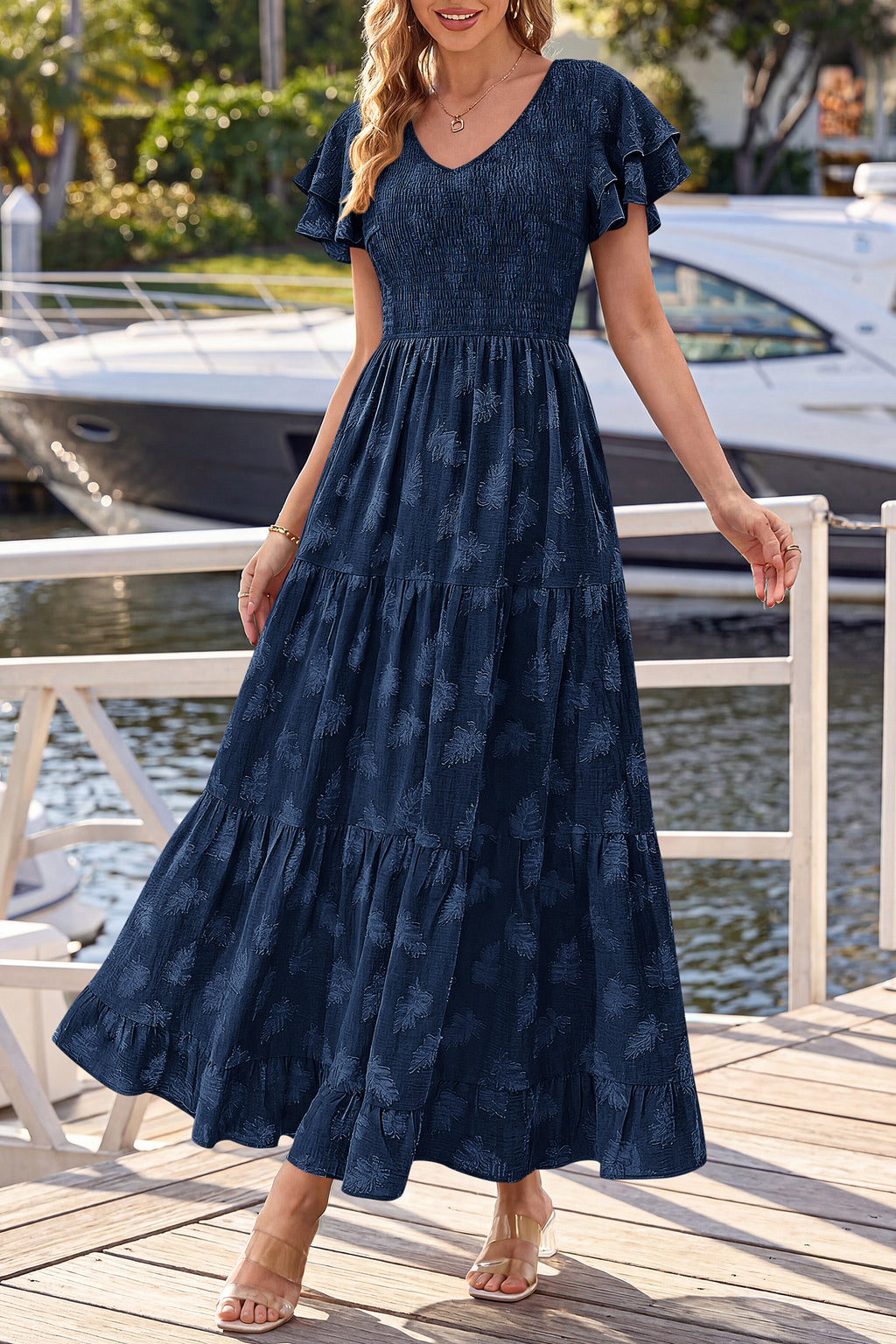 dowerme Maxi Dresses For Women 2026 Summer Ruffle Sleeve V Neck Smocked A Line Floral Boho Tiered Sundress Spring Outfit