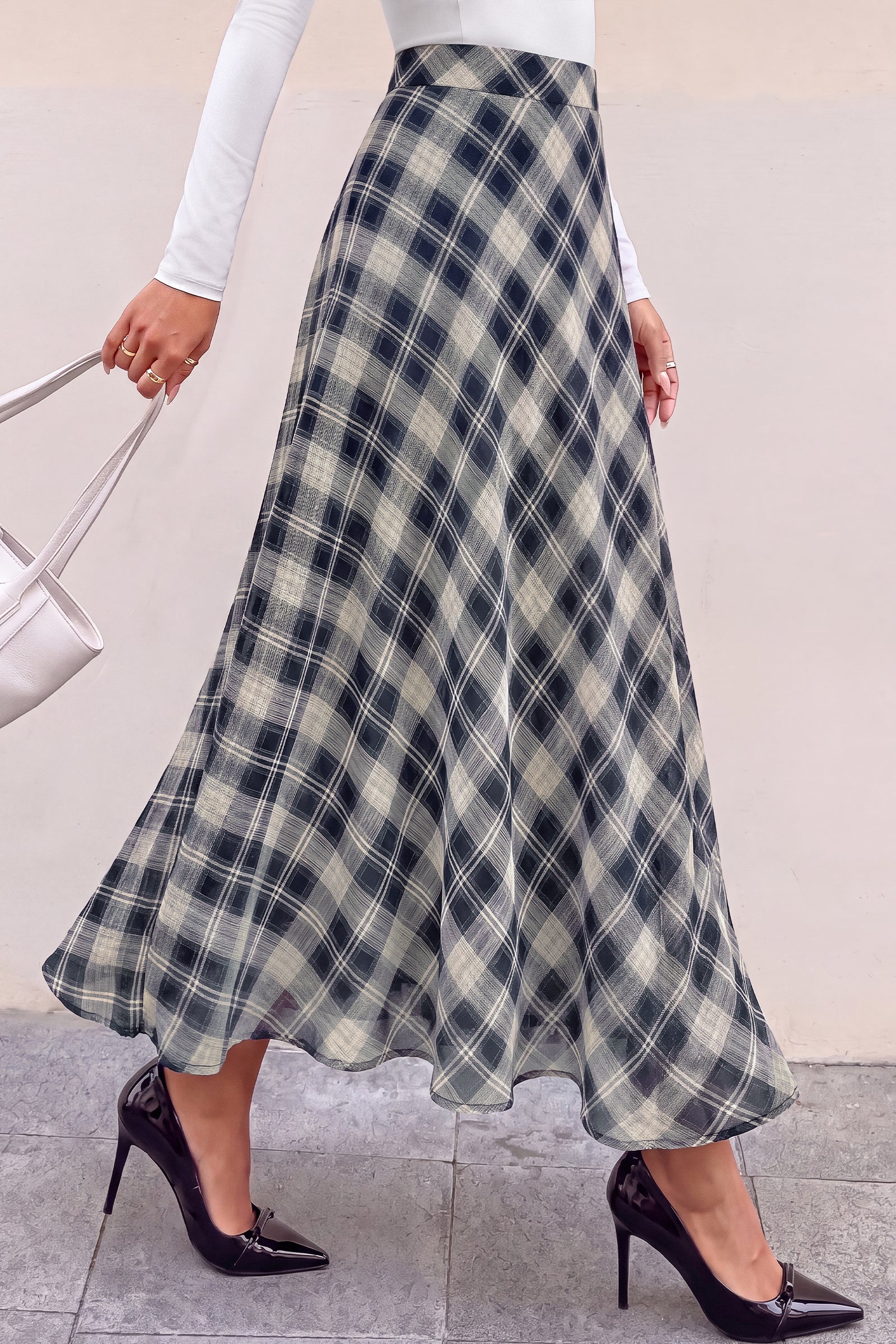 dowerme Casual A-Line Plaid Maxi Skirts for Women Trendy