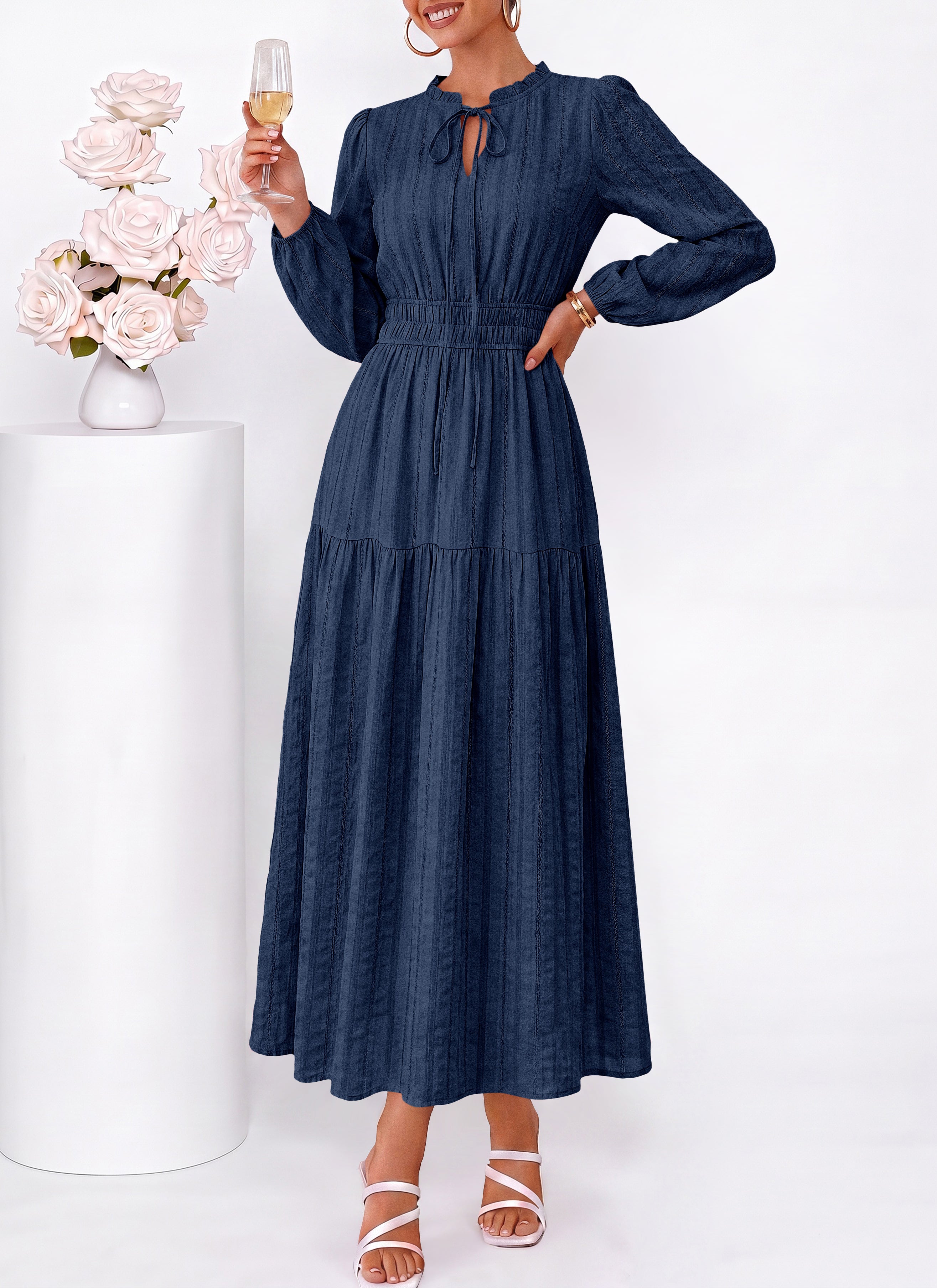 dowerme Women Fall Long Sleeve Dress 2026 Casual Ruffle V Neck Tie Front Elastic Waist Maxi Cotton Wedding Guest Dresses