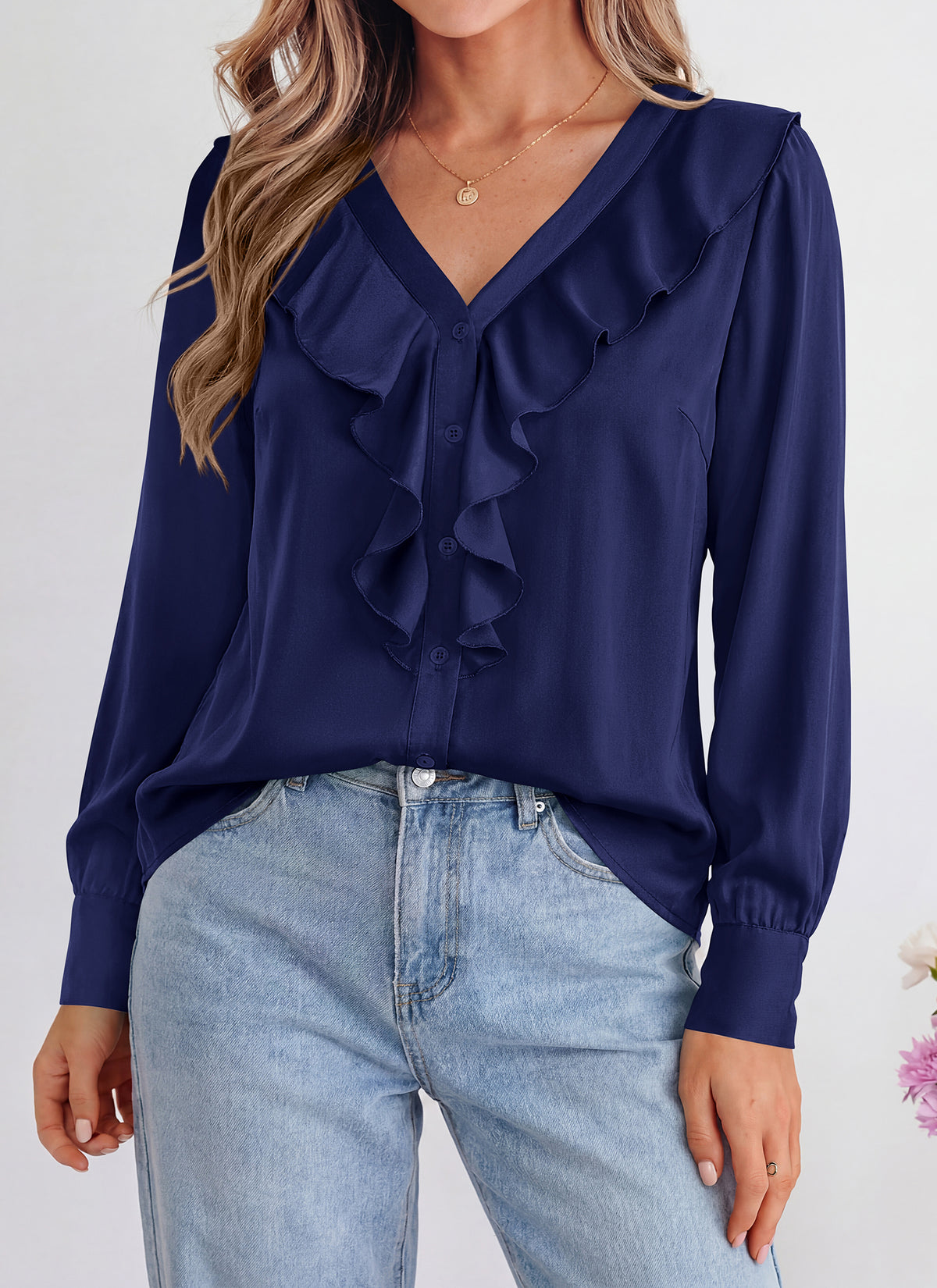 dowerme Womens Long Sleeve Tops Satin Ruffle Button Shirts