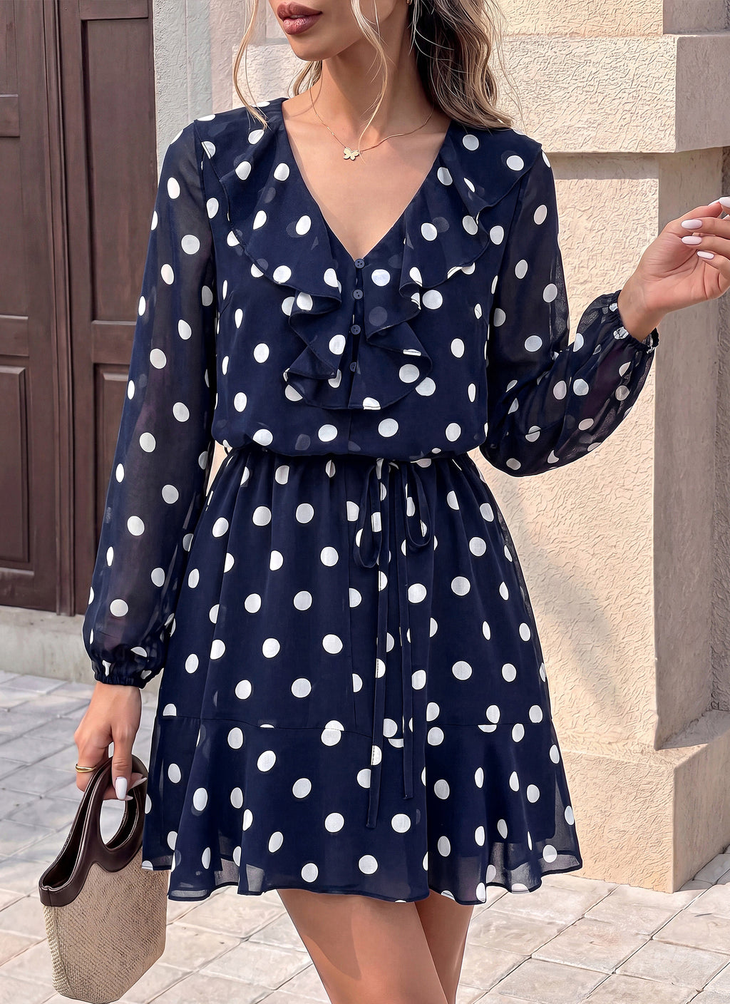 dowerme Women Belted Floral Polka Dot Mini Dress