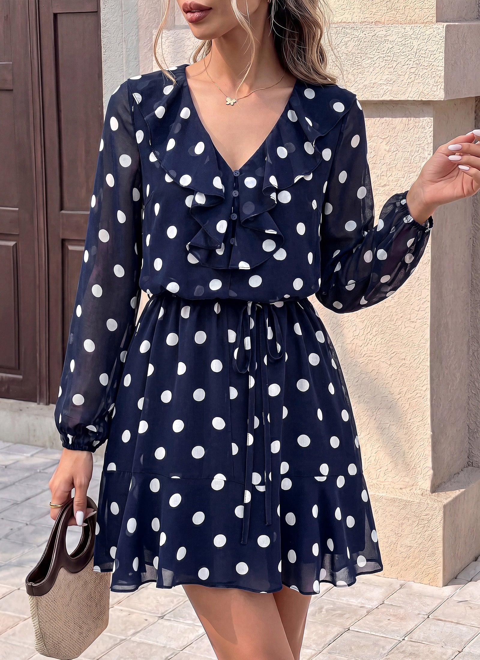 dowerme Women Belted Floral Polka Dot Mini Dress