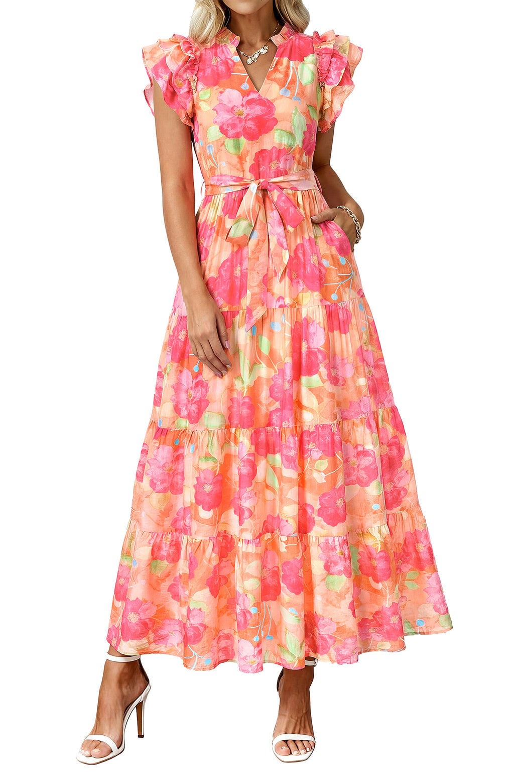 dowerme Women Summer Maxi Dresses 2026 Ruffle Sleeve V Neck Floral Boho Long Dress Belted Tiered Sundress With Pockets