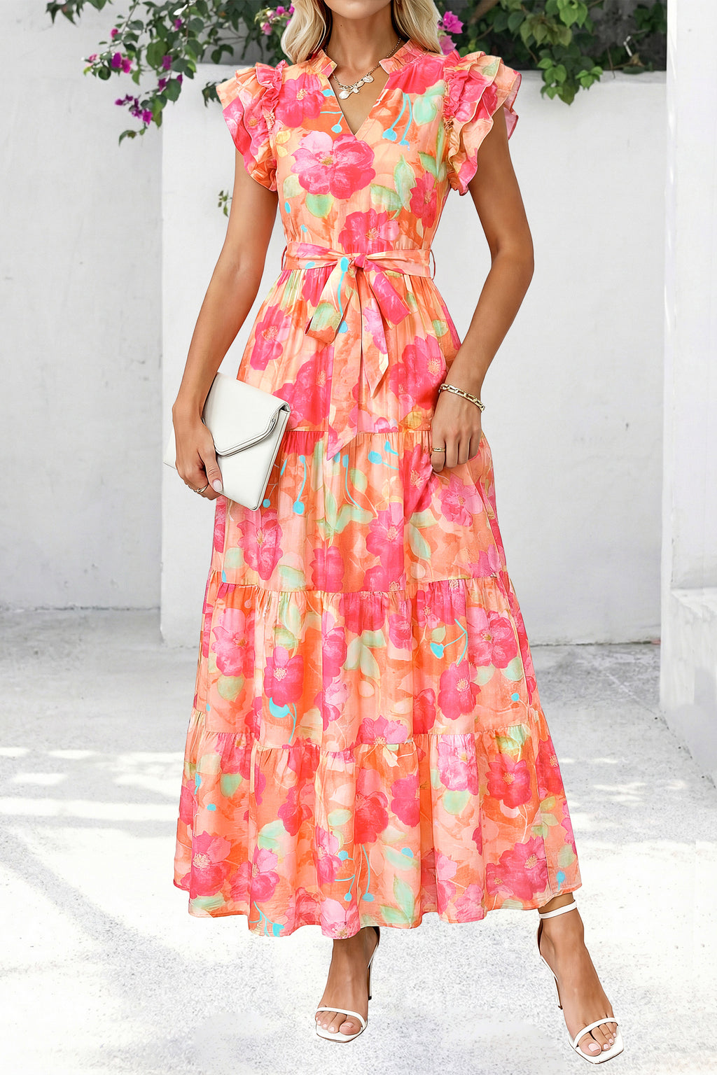 dowerme Women Summer Maxi Dresses 2026 Ruffle Sleeve V Neck Floral Boho Long Dress Belted Tiered Sundress With Pockets