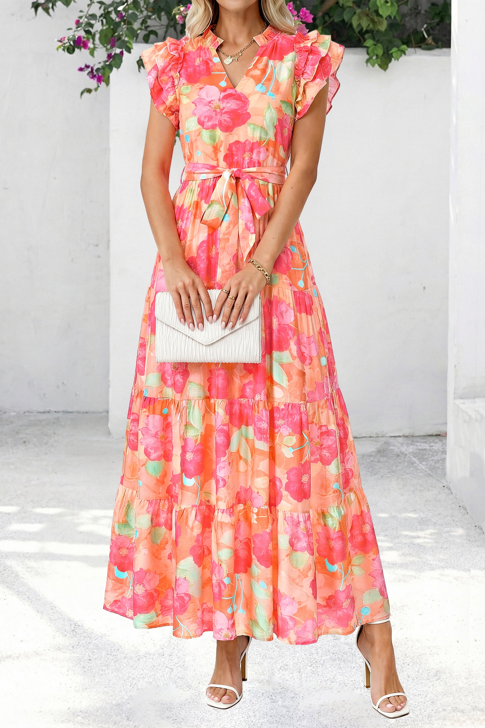 dowerme Women Summer Maxi Dresses 2026 Ruffle Sleeve V Neck Floral Boho Long Dress Belted Tiered Sundress With Pockets