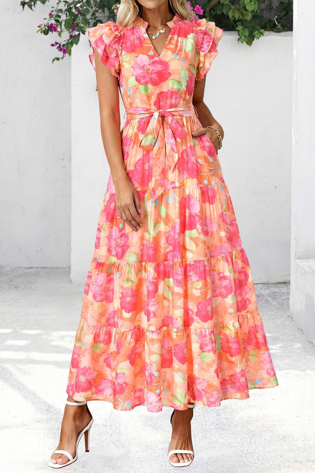 dowerme Women Summer Maxi Dresses 2026 Ruffle Sleeve V Neck Floral Boho Long Dress Belted Tiered Sundress With Pockets