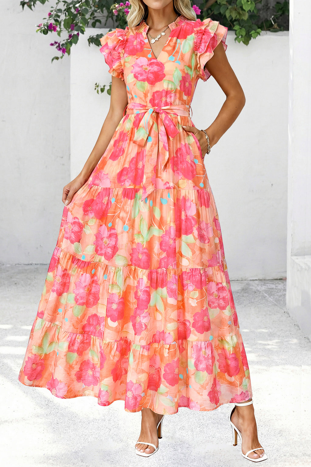 dowerme Women Summer Maxi Dresses 2026 Ruffle Sleeve V Neck Floral Boho Long Dress Belted Tiered Sundress With Pockets