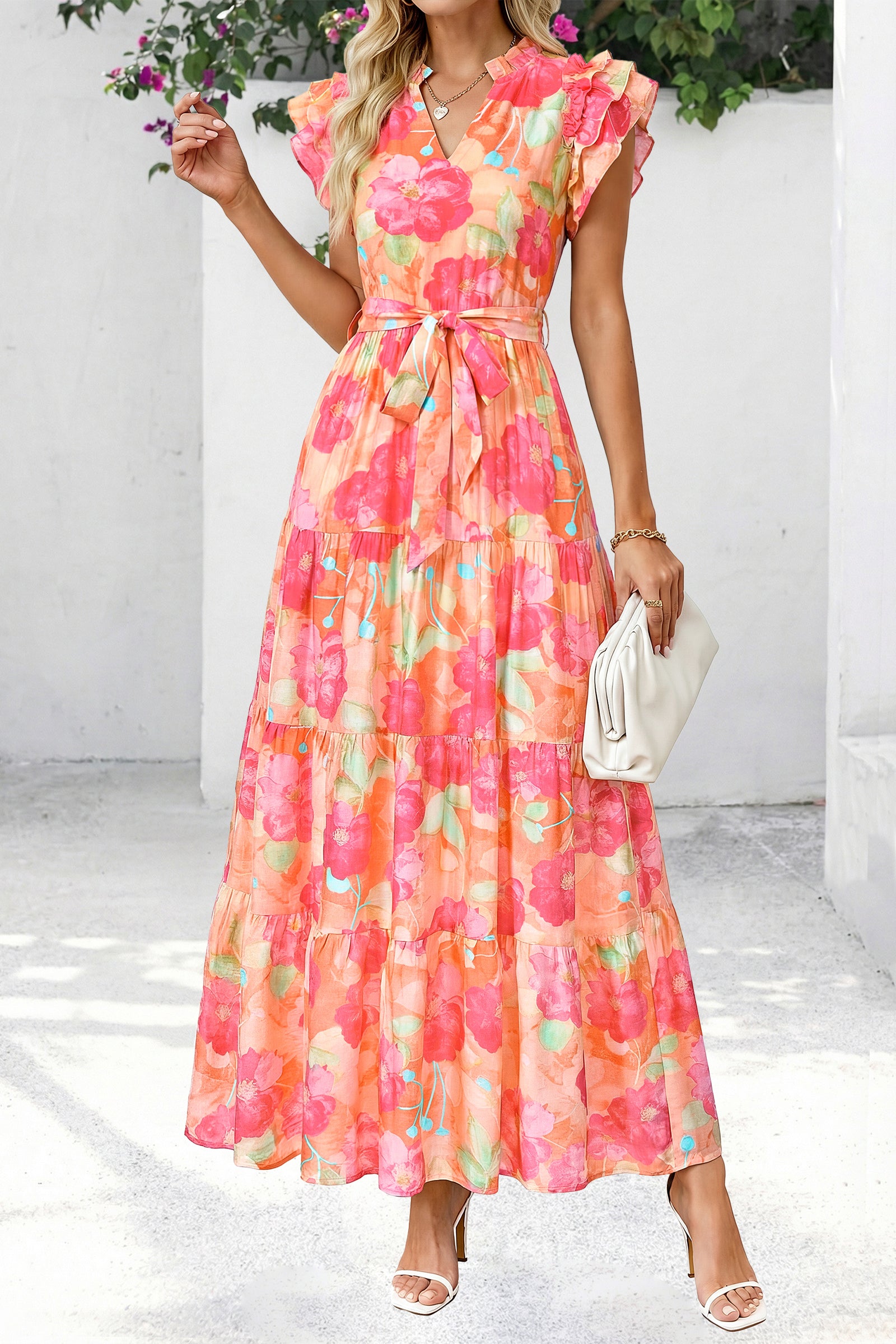 dowerme Women Summer Maxi Dresses 2026 Ruffle Sleeve V Neck Floral Boho Long Dress Belted Tiered Sundress With Pockets