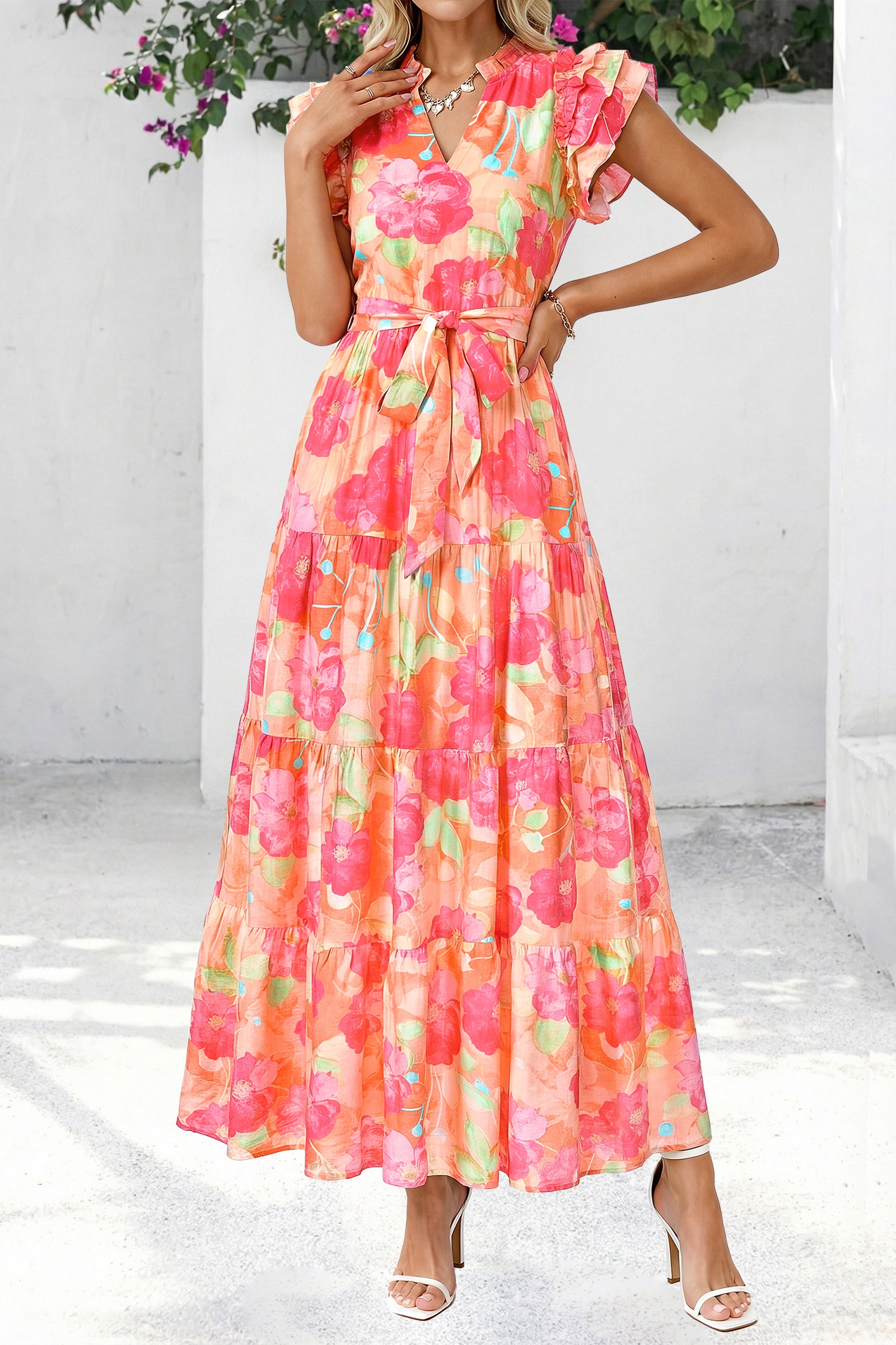 dowerme Women Summer Maxi Dresses 2026 Ruffle Sleeve V Neck Floral Boho Long Dress Belted Tiered Sundress With Pockets