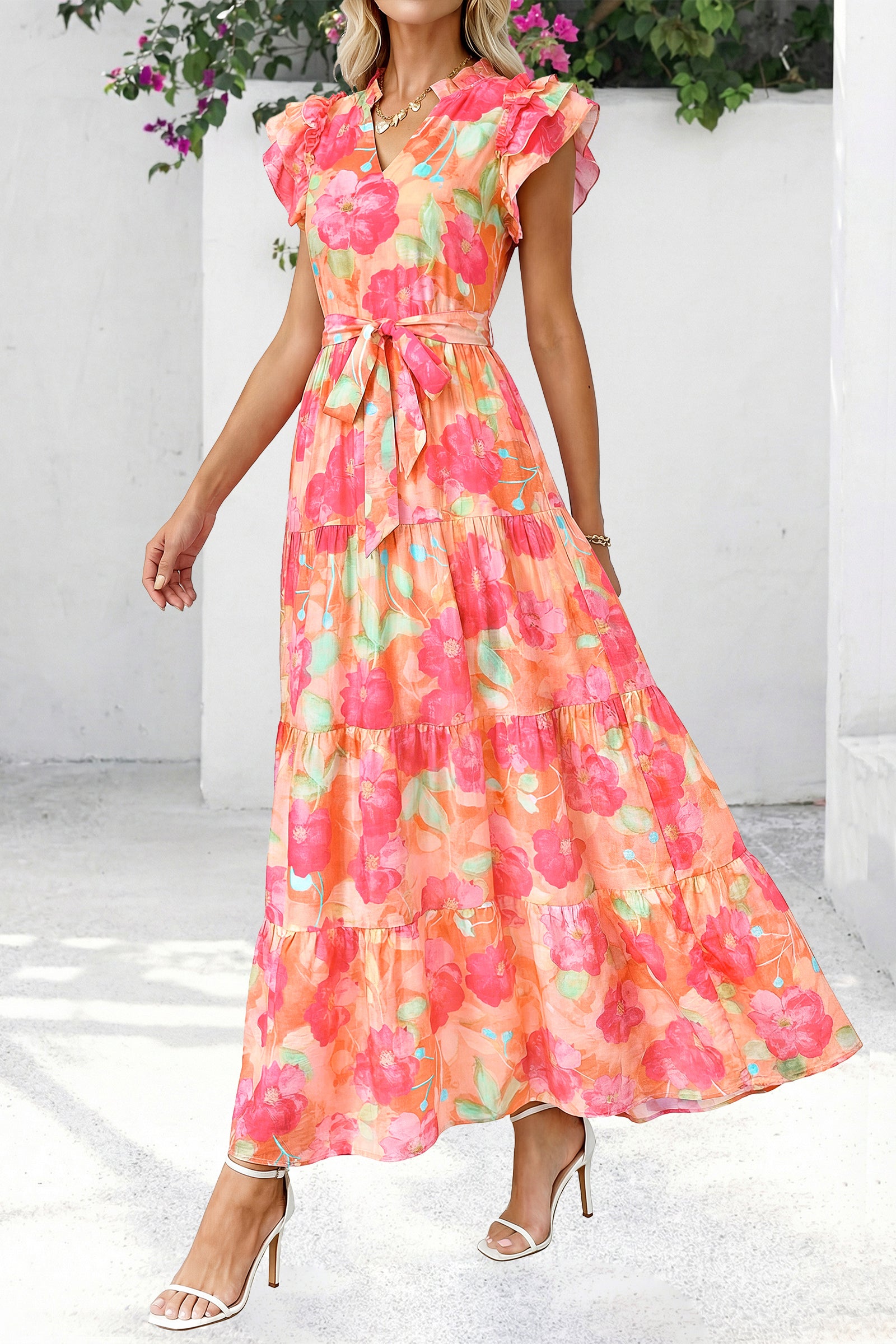 dowerme Women Summer Maxi Dresses 2026 Ruffle Sleeve V Neck Floral Boho Long Dress Belted Tiered Sundress With Pockets