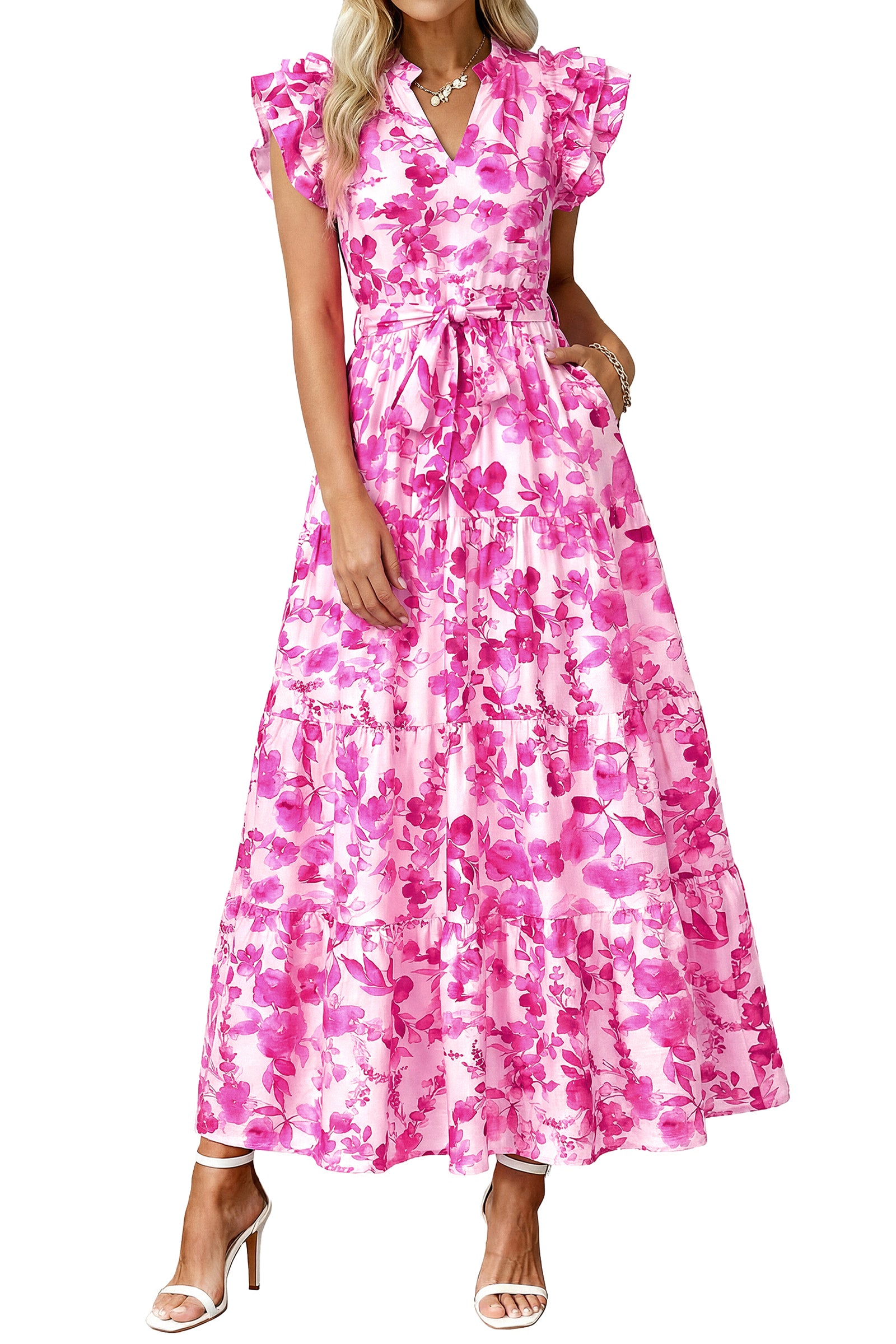 dowerme Women Summer Maxi Dresses 2026 Ruffle Sleeve V Neck Floral Boho Long Dress Belted Tiered Sundress With Pockets