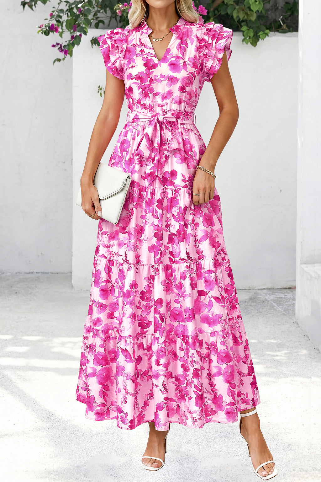 dowerme Women Summer Maxi Dresses 2026 Ruffle Sleeve V Neck Floral Boho Long Dress Belted Tiered Sundress With Pockets