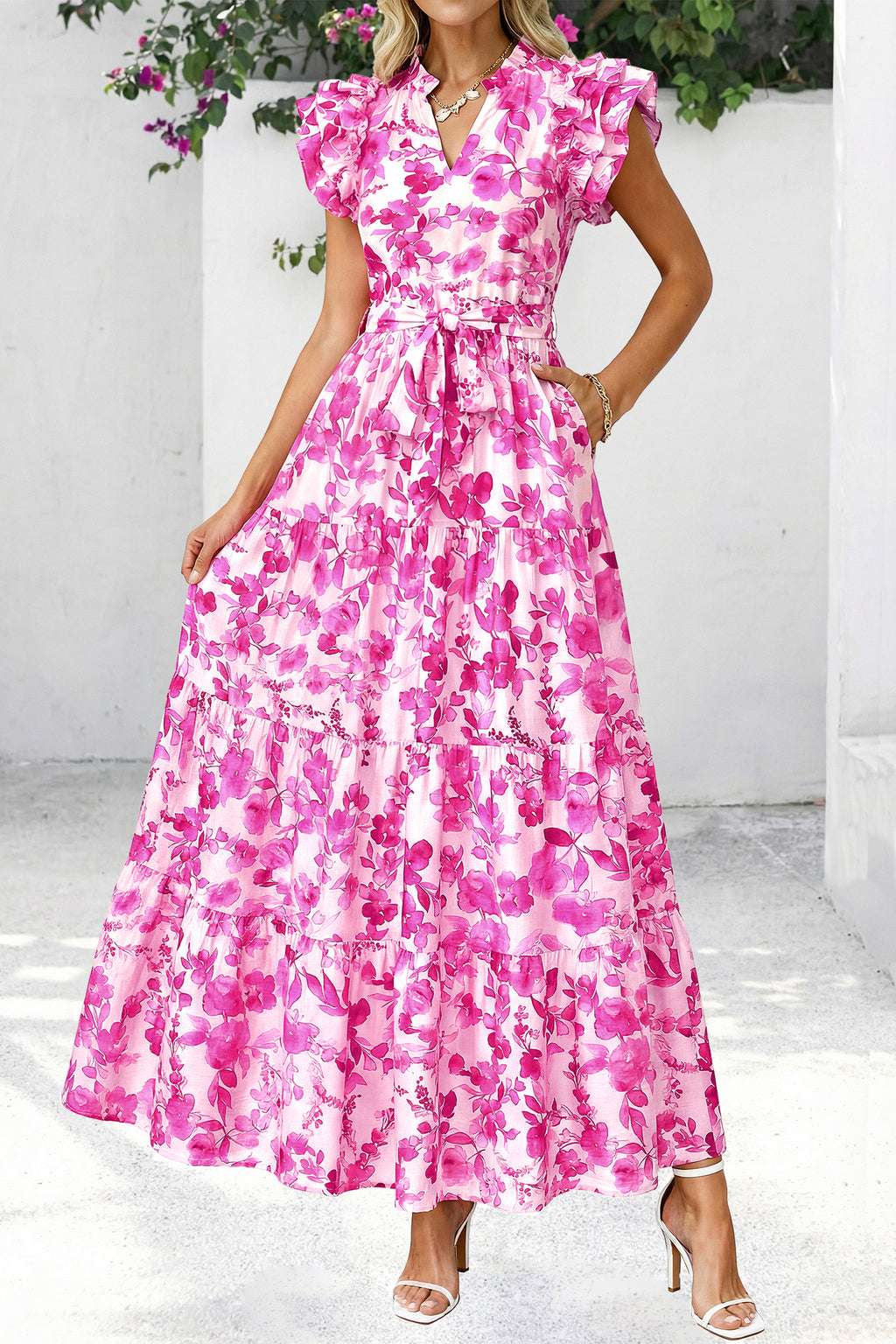 dowerme Women Summer Maxi Dresses 2026 Ruffle Sleeve V Neck Floral Boho Long Dress Belted Tiered Sundress With Pockets