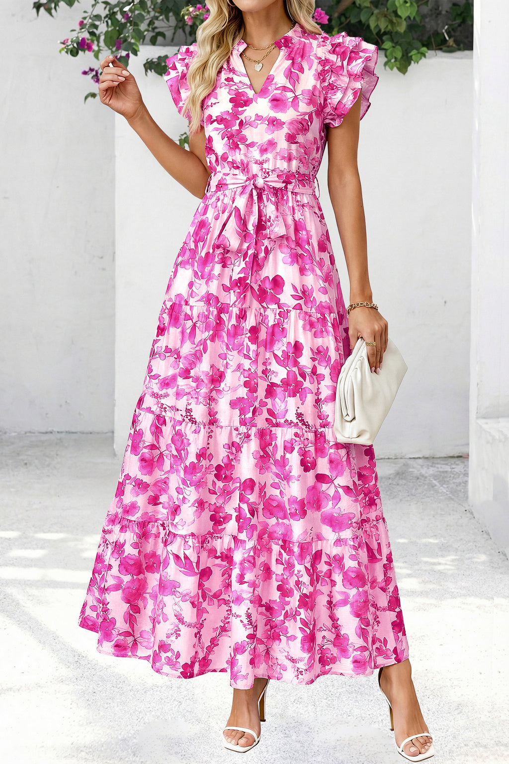 dowerme Women Summer Maxi Dresses 2026 Ruffle Sleeve V Neck Floral Boho Long Dress Belted Tiered Sundress With Pockets