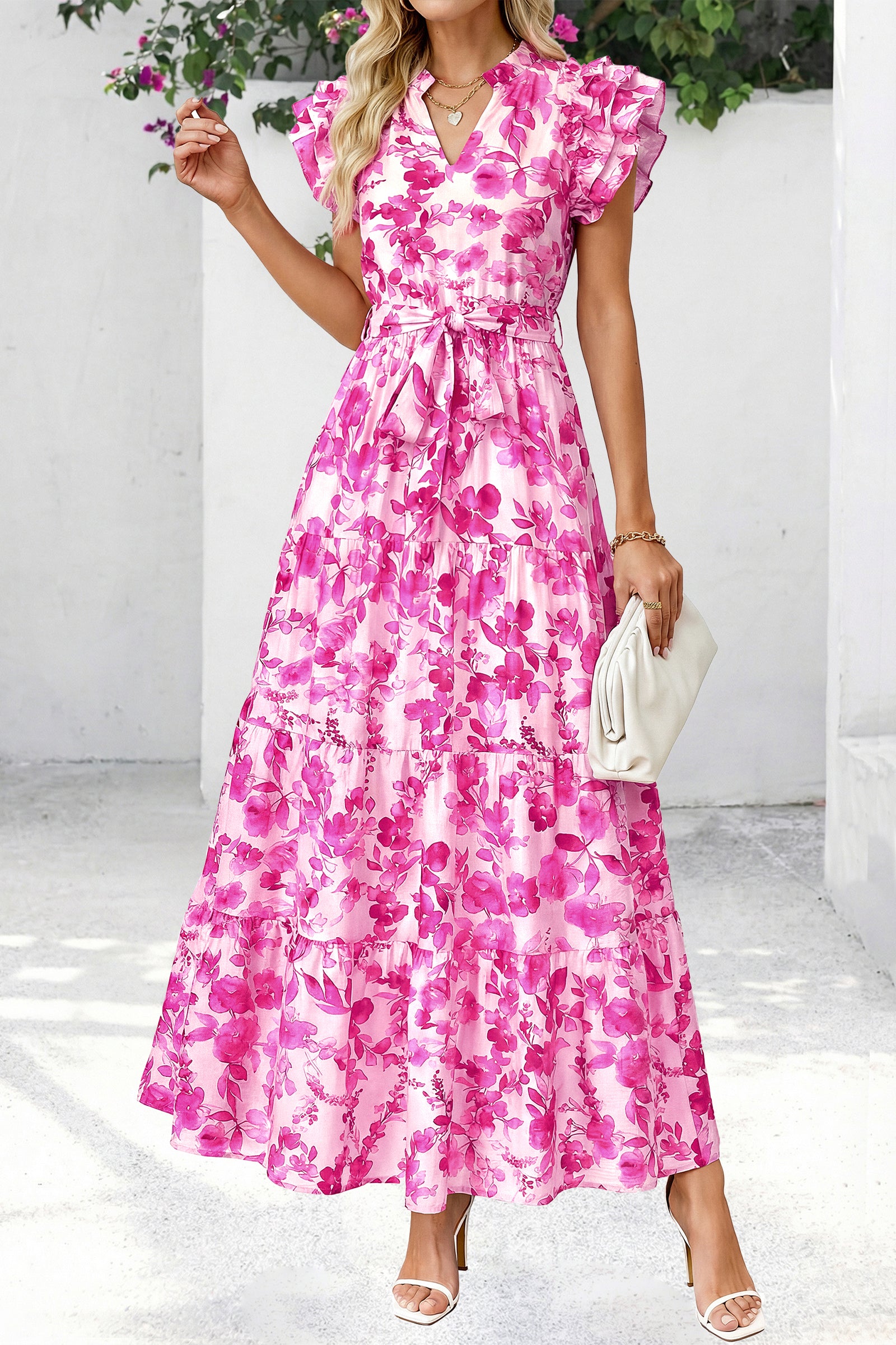 dowerme Women Summer Maxi Dresses 2026 Ruffle Sleeve V Neck Floral Boho Long Dress Belted Tiered Sundress With Pockets