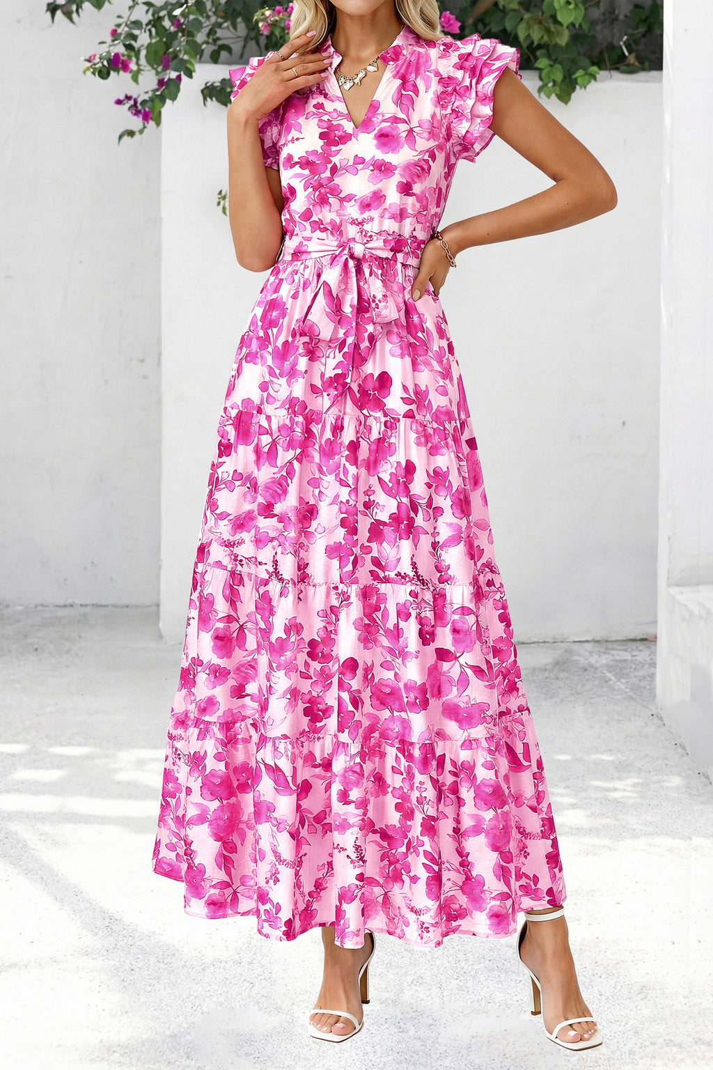 dowerme Women Summer Maxi Dresses 2026 Ruffle Sleeve V Neck Floral Boho Long Dress Belted Tiered Sundress With Pockets