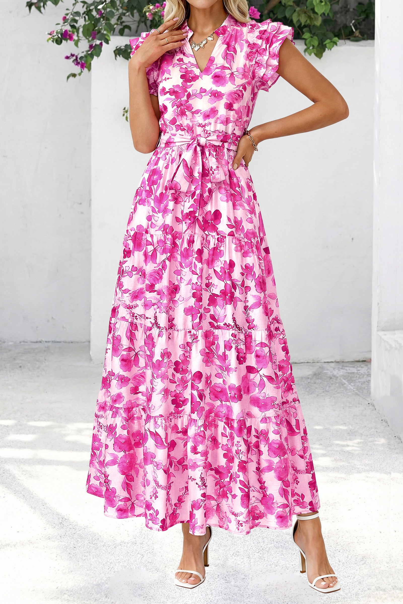 dowerme Women Summer Maxi Dresses 2026 Ruffle Sleeve V Neck Floral Boho Long Dress Belted Tiered Sundress With Pockets
