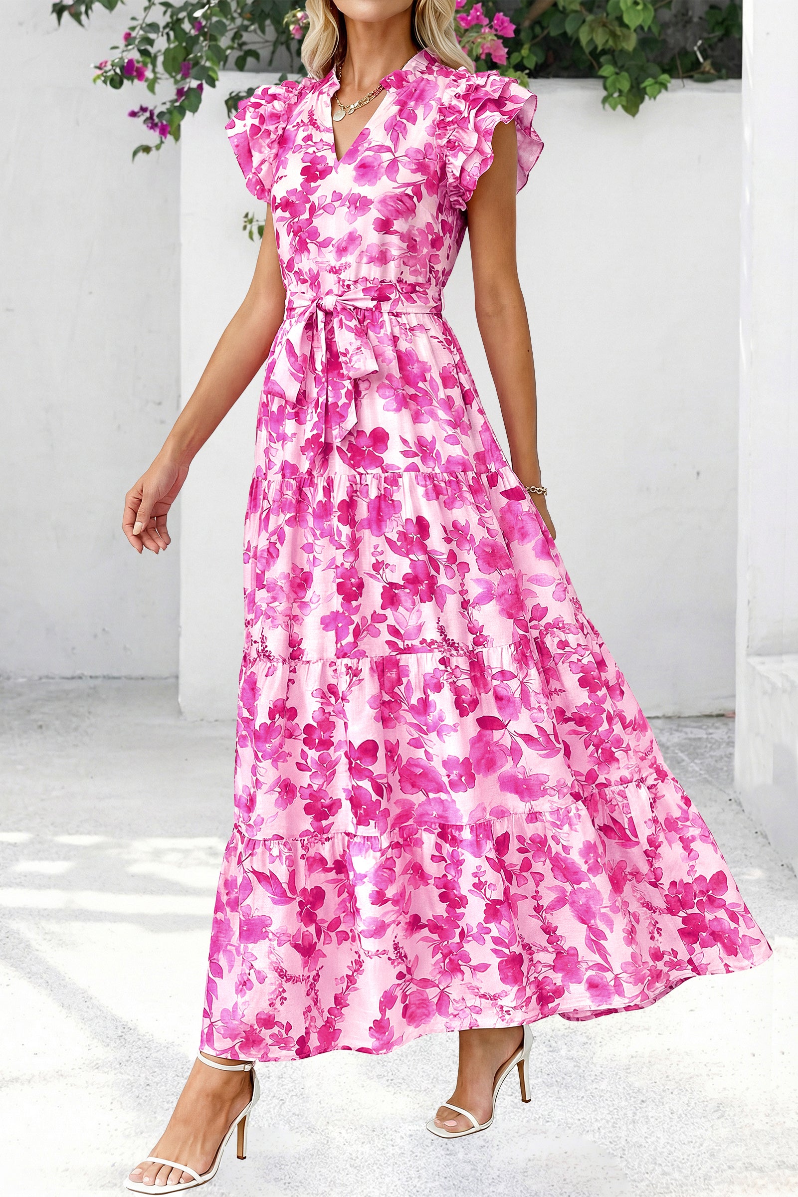 dowerme Women Summer Maxi Dresses 2026 Ruffle Sleeve V Neck Floral Boho Long Dress Belted Tiered Sundress With Pockets