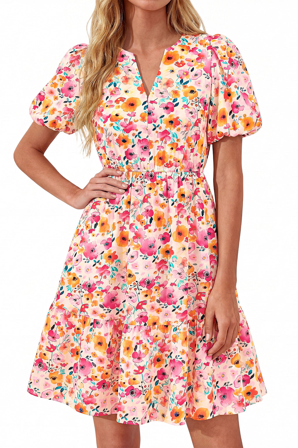 dowerme Women Summer Casual Dresses 2026 Puff Short Sleeve V Neck Floral Boho Midi Dress Flowy Ruffle Spring Sundress