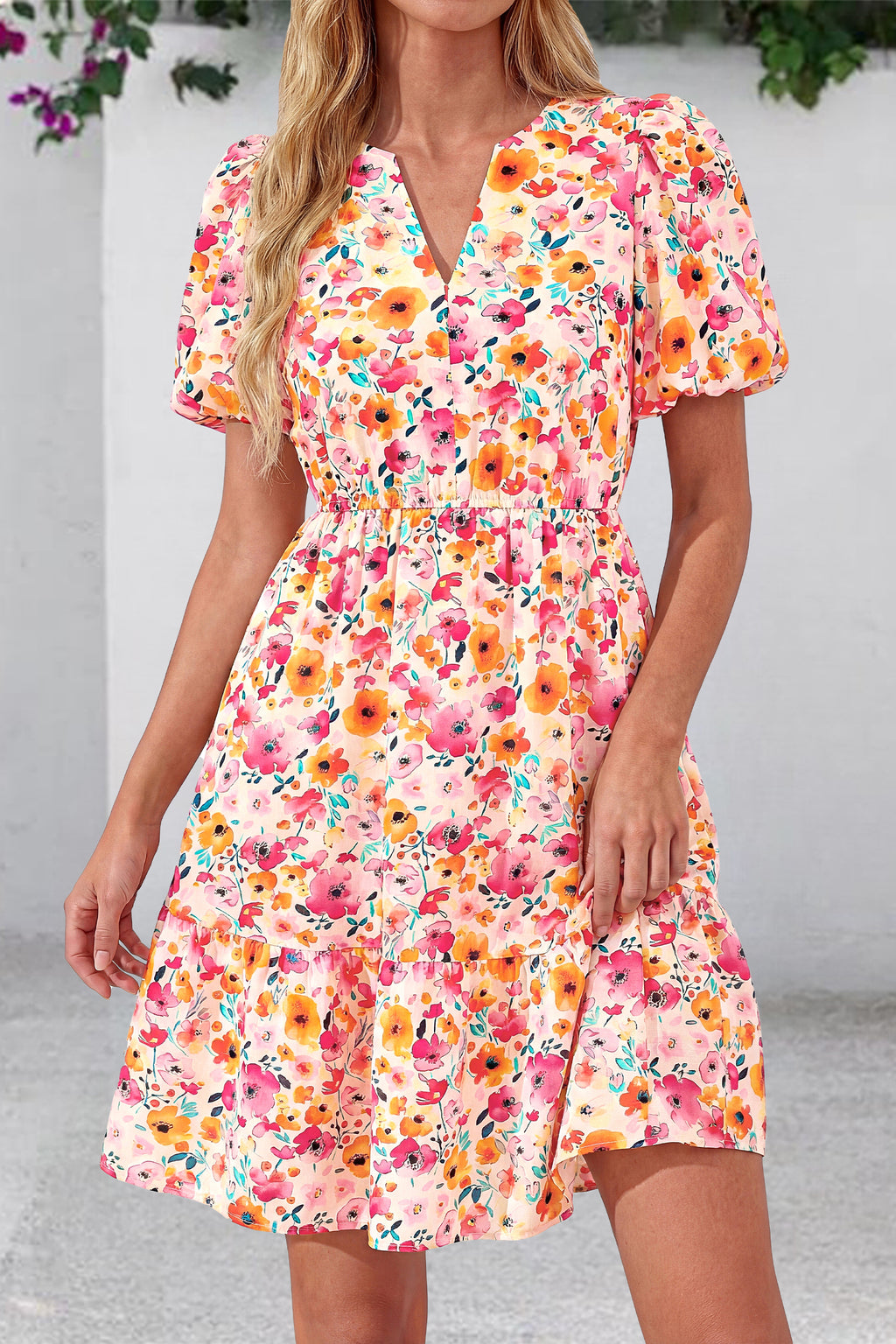 dowerme Women Summer Casual Dresses 2026 Puff Short Sleeve V Neck Floral Boho Midi Dress Flowy Ruffle Spring Sundress