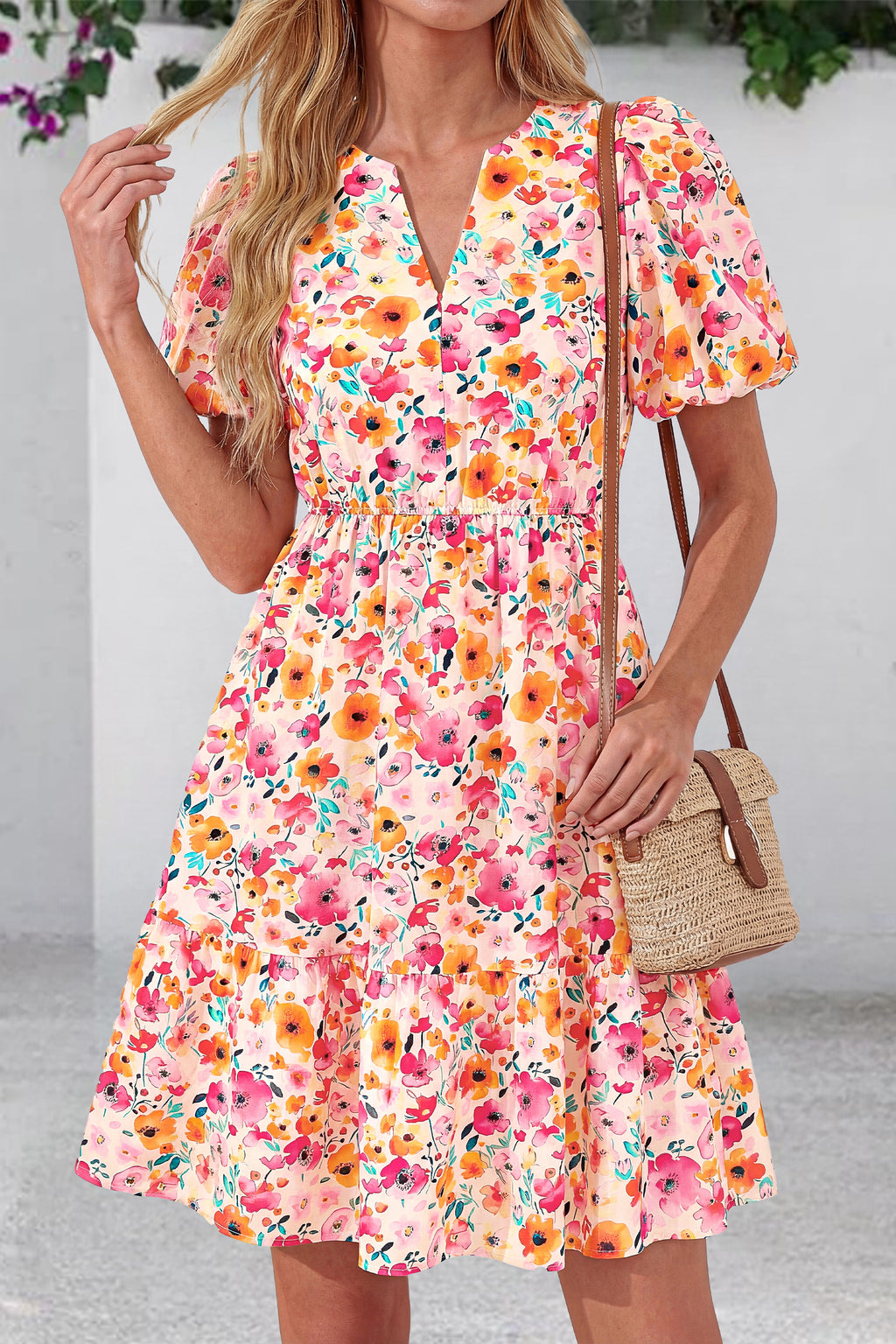 dowerme Women Summer Casual Dresses 2026 Puff Short Sleeve V Neck Floral Boho Midi Dress Flowy Ruffle Spring Sundress