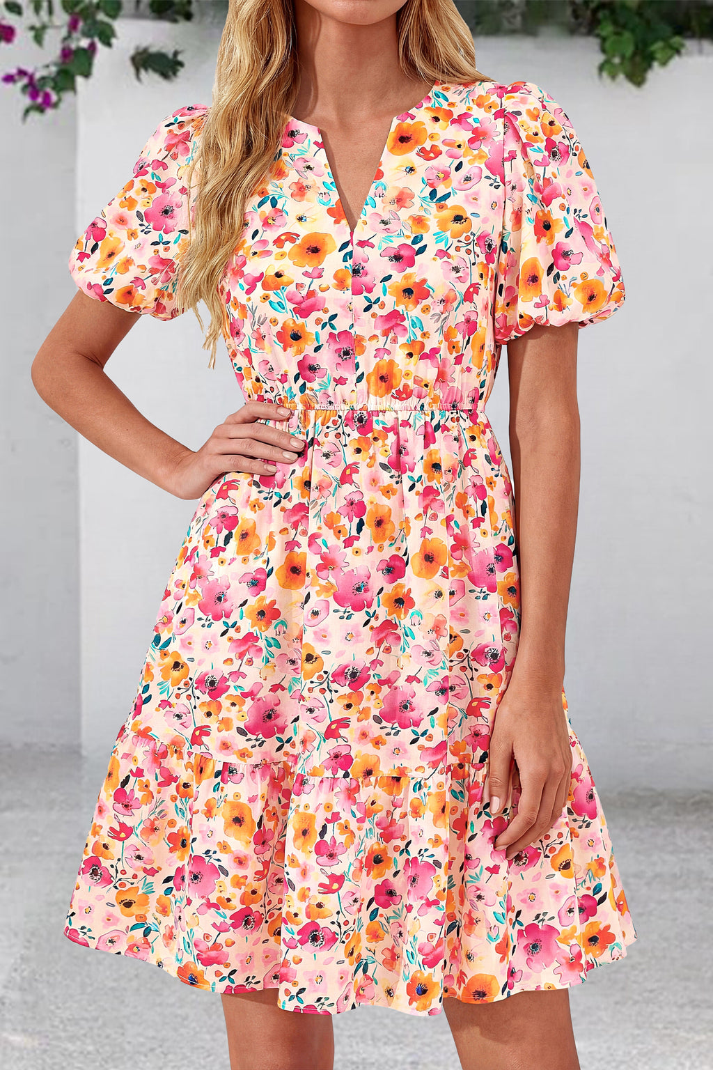dowerme Women Summer Casual Dresses 2026 Puff Short Sleeve V Neck Floral Boho Midi Dress Flowy Ruffle Spring Sundress