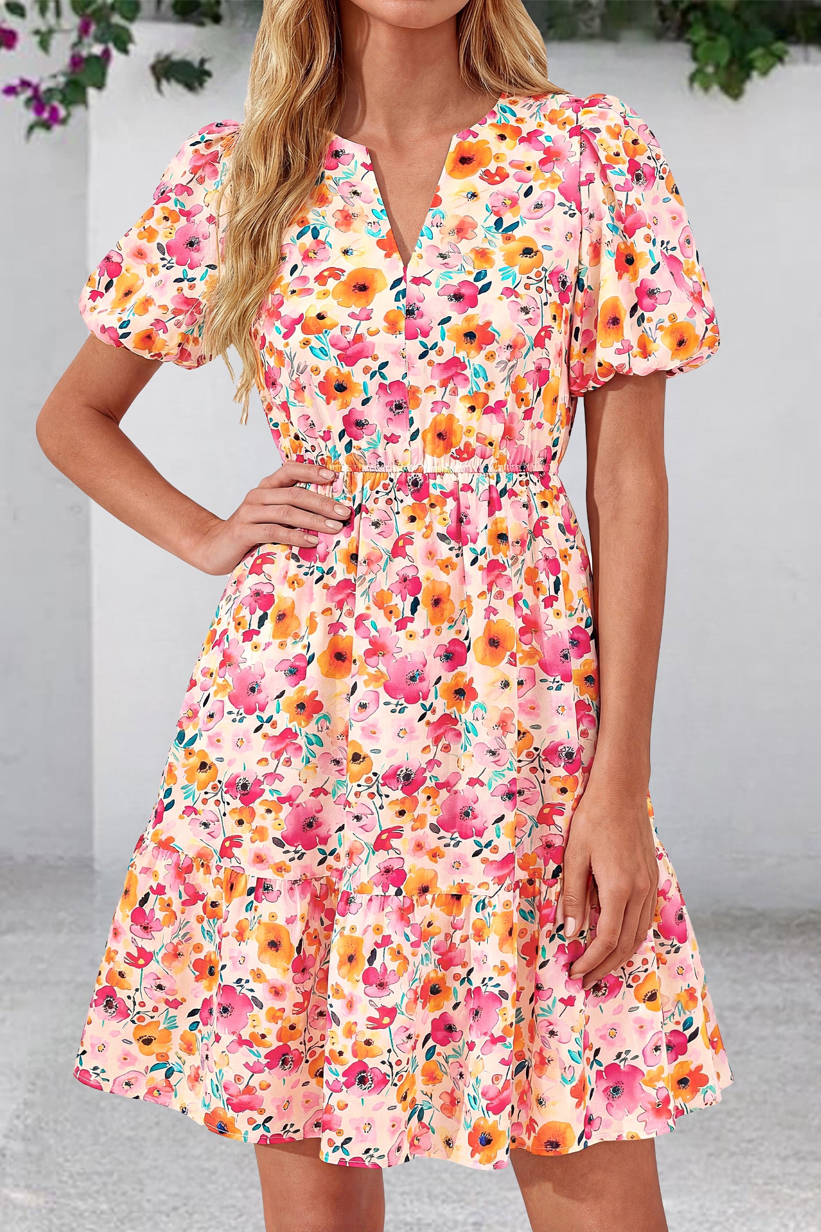 dowerme Women Summer Casual Dresses 2026 Puff Short Sleeve V Neck Floral Boho Midi Dress Flowy Ruffle Spring Sundress